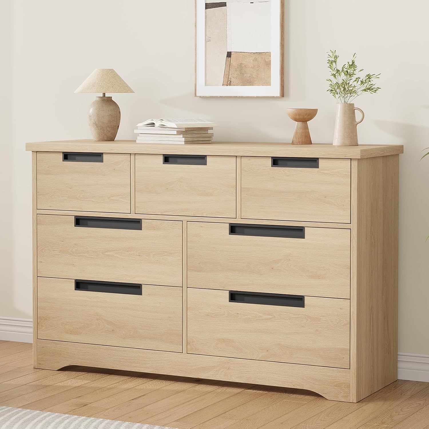 Garvee 7 Drawer Dresser for Bedroom Natural Oak Dresser Drawer with Embedded Handles Design Wooden Dresser for Bedroom Living Room Hallway