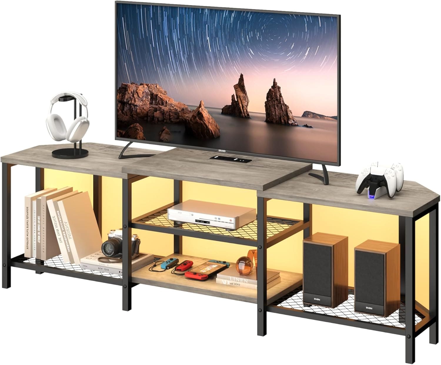 Qeetex DHZ-PHO-33RSAAUW TV Stand with Power Outlet for TVs up to 75 Inches 66.9 inch Corner Entertainment Center TV Media Console Table with 3-Tier Open Storage Shelves for Living Room Bedroom Grey