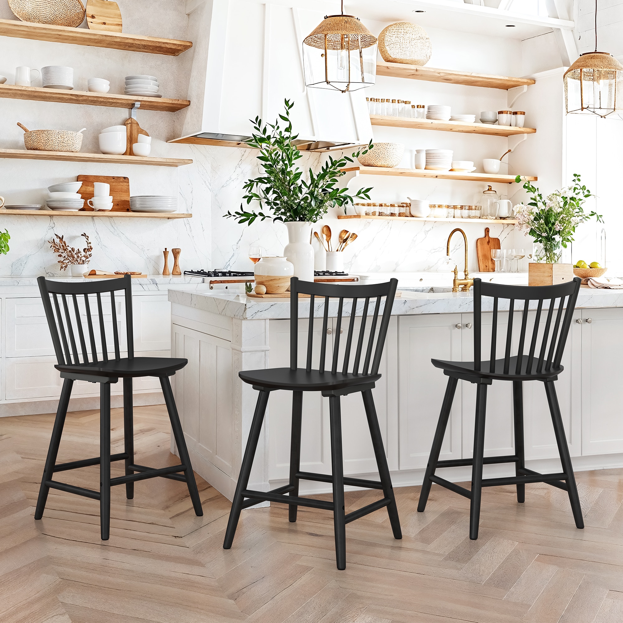 LUE BONA YB-149-01LS Set of 3 Black 24-in H Counter height (24-in to 27-in) Square Seat Wood Back Bar Stool Back