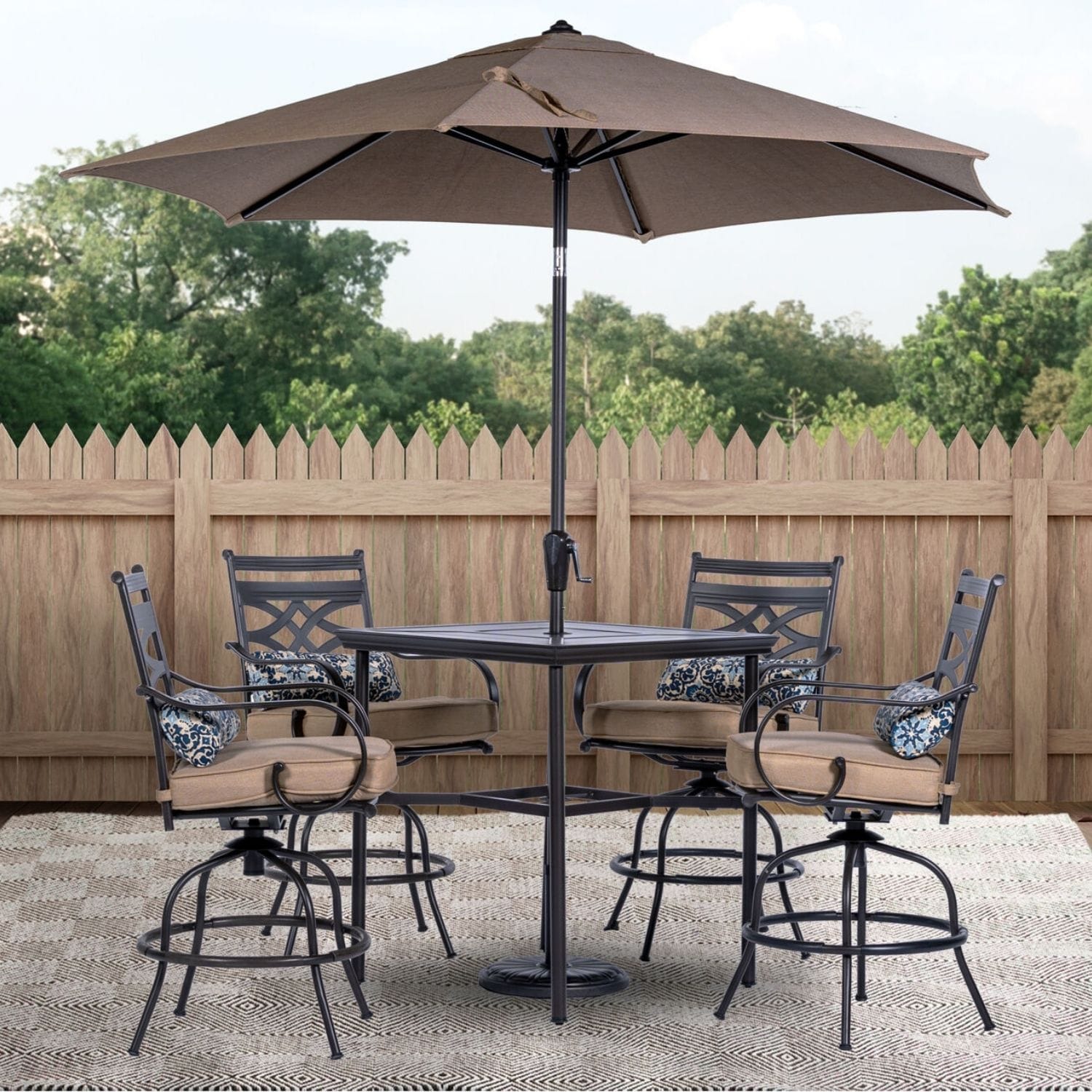 Hanover MCLRDN5PCBR-SU-T Montclair 6 -Piece Dark Brown Bar Height Patio Dining Set Steel Square Table with 4 Tan Cushions Swivel Chairs and Umbrella Included