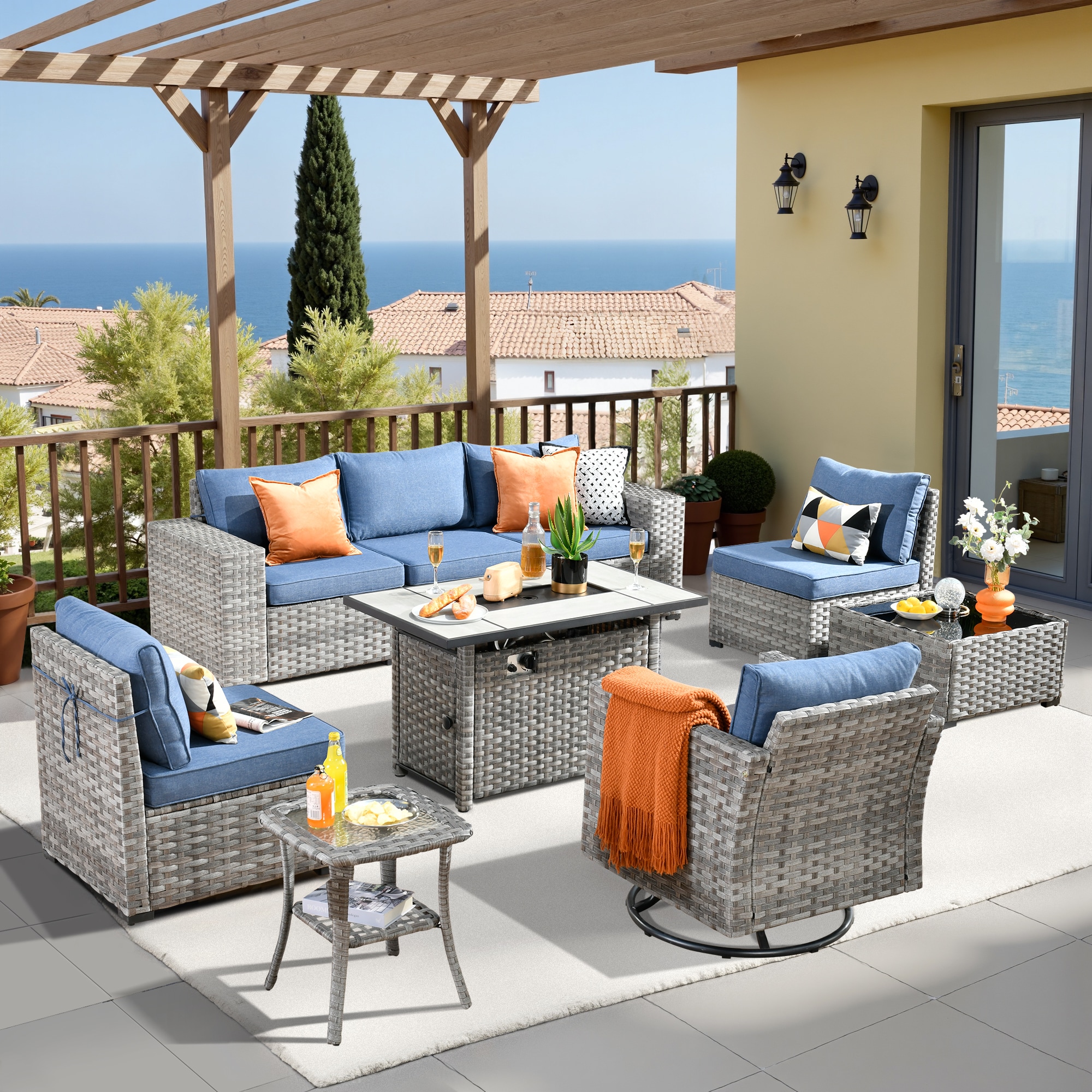 Pouuin SRFPBBR309 5 -Piece Wicker Patio Sofa Conversation Set with Blue Cushions