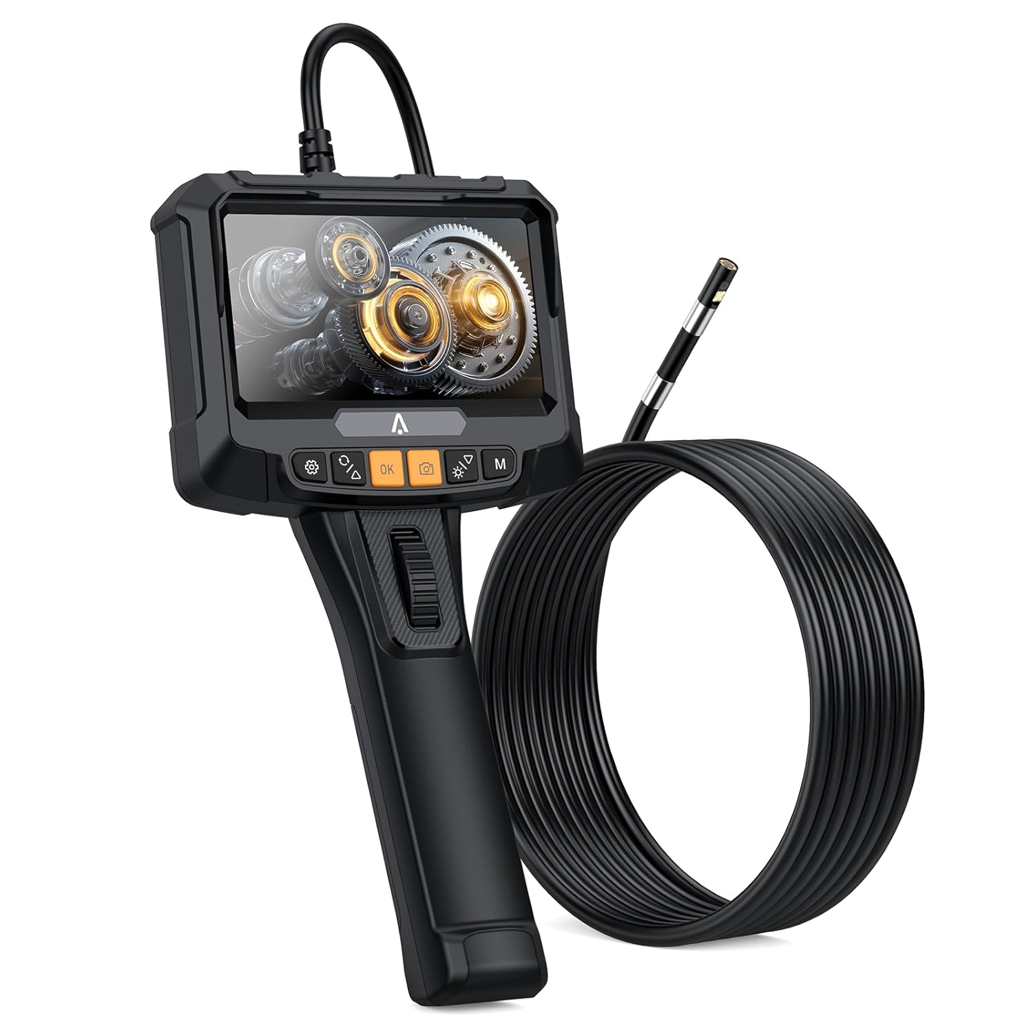 Qeetex NKJ-PIS-00TDYB1E Two Way Articulating Borescope with Light 5 Inch IPS Industrial Endoscope Inspection Camera 5.5 Ft Flexible Gooseneck Cable 180 Degree Steering Lens 1080P HD Video 32GB Storage for Automotive Aerospace Mechanical Use