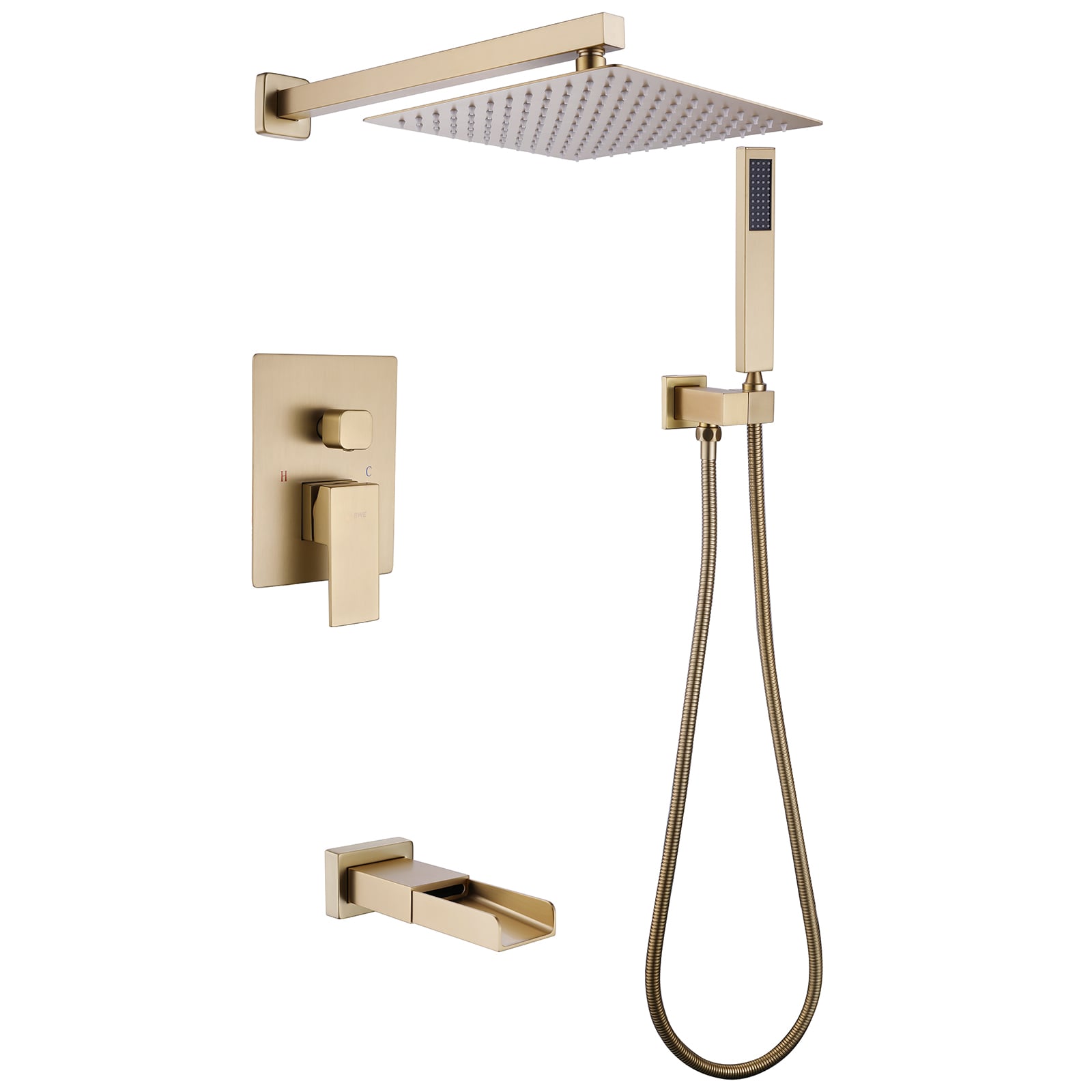 BWE A-98004-BG Brushed Gold 1-handle Single function 10-in Square Bathtub and shower Faucet with Valve