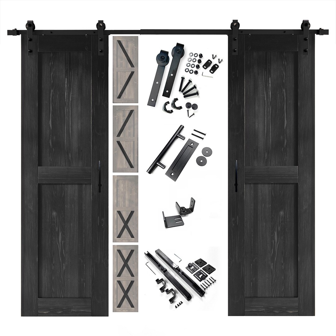 HOMACER YT2TGH108C-2480F-BK 24-in x 80-in Black Pine Wood Solid core Double Barn Door (Hardware Included)