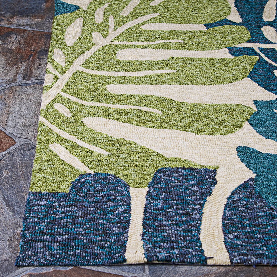 Handmade Round Blue and Green Floral Synthetic Rug