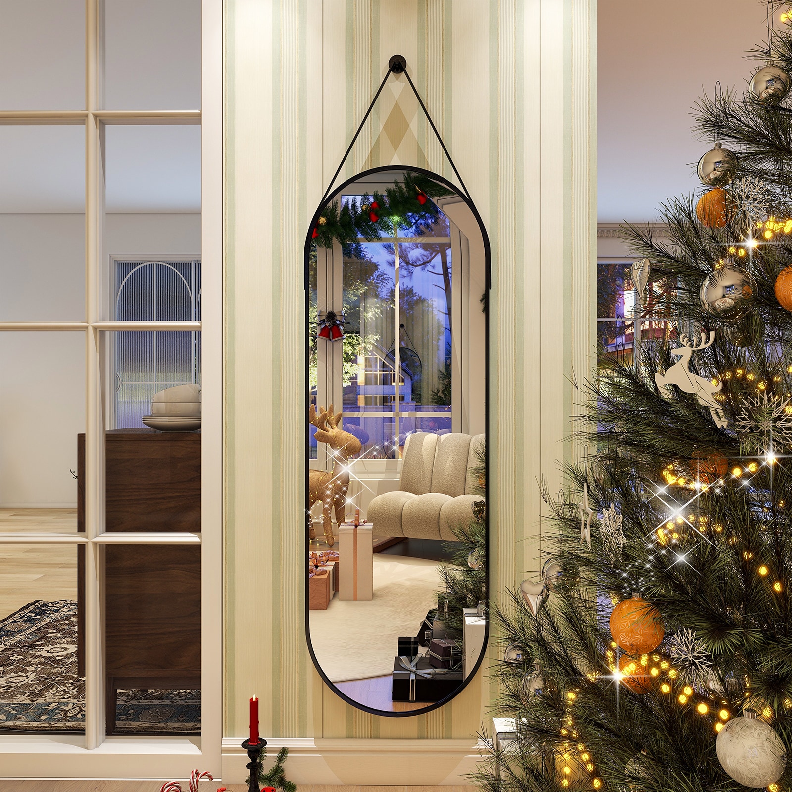 BEAUTYPEAK PDGXPD1648B 16-Inches W x 48.0-Inches H Oval Black Framed Wall Mirror