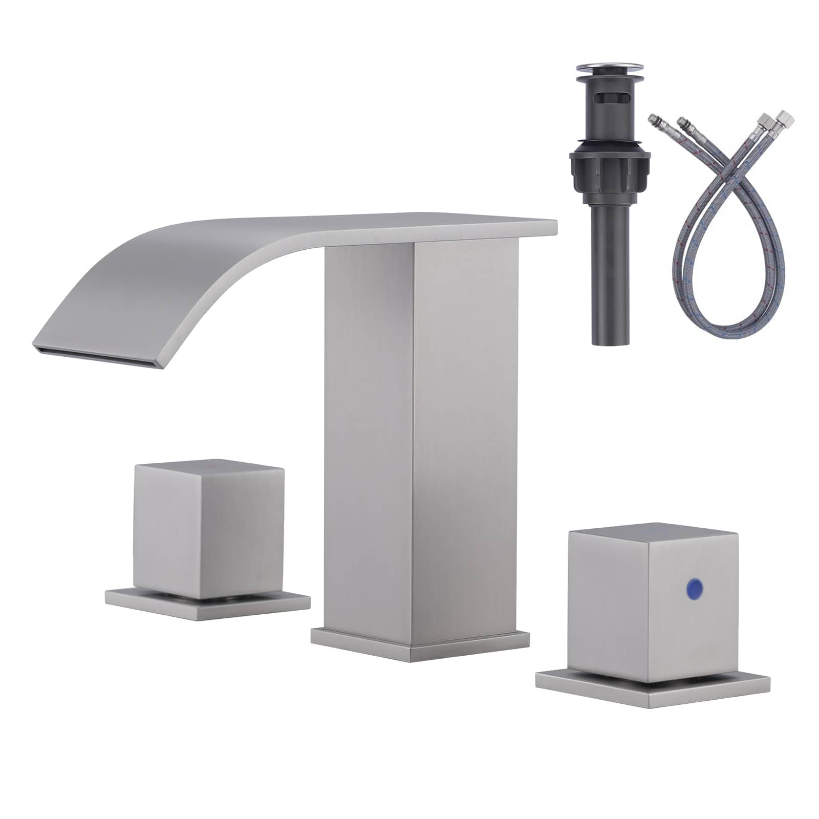 ARCORA 8 Inch Brushed Nickel Widespread Waterfall Bathroom Sink Faucet with Drain and Supply Lines