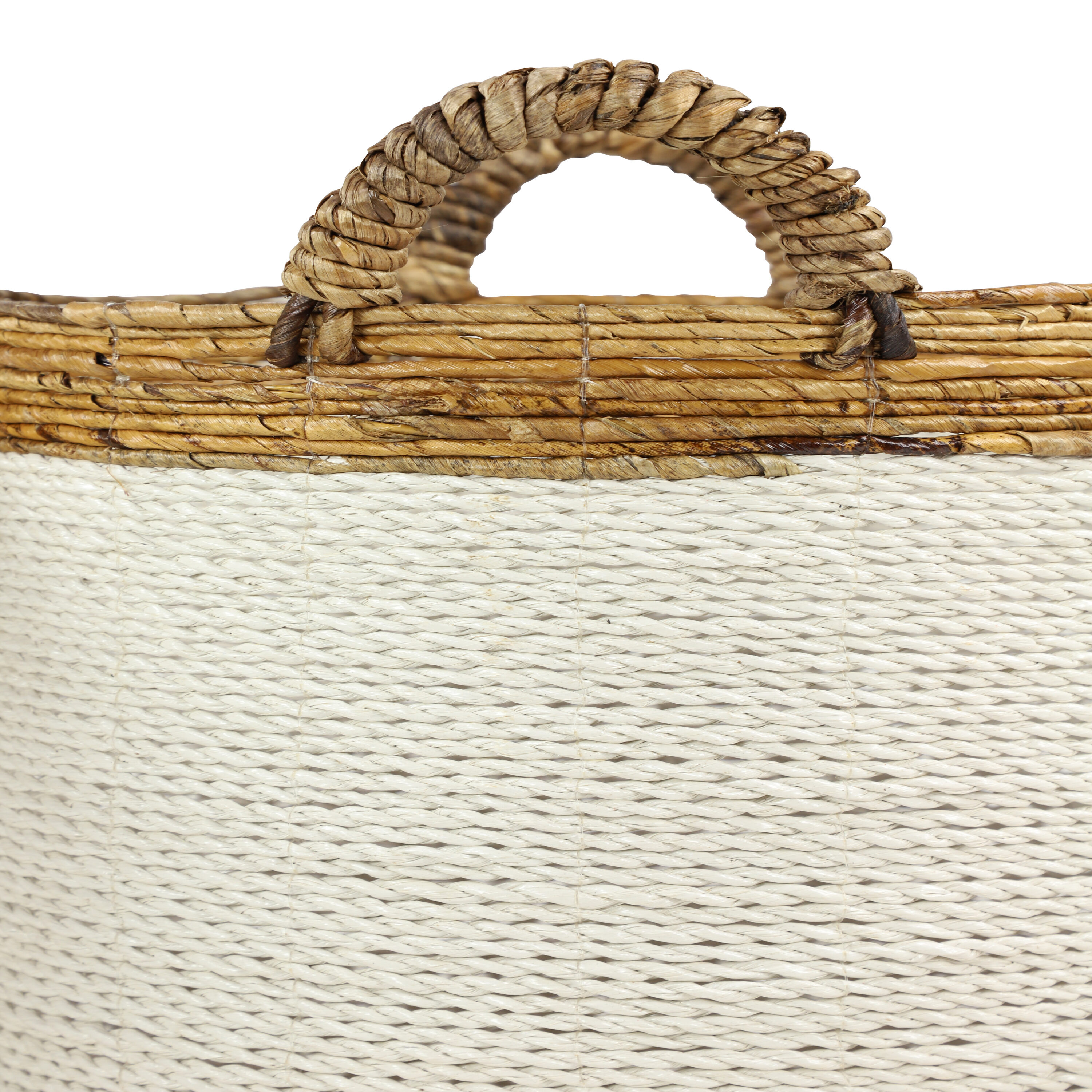 Handwoven White and Natural Seagrass Round Storage Baskets, Set of 3