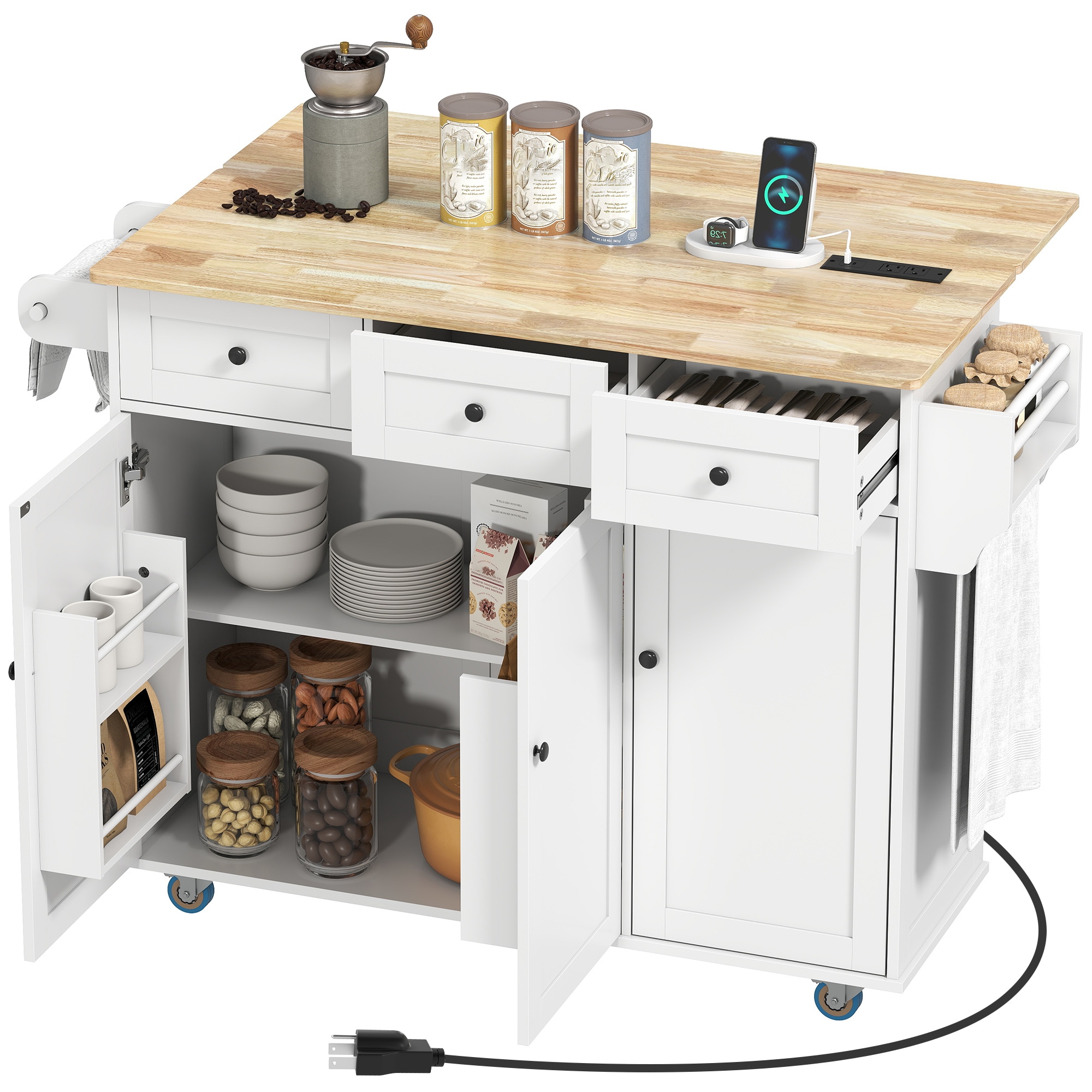 HomCom 801-391V80WT Rolling Kitchen Island with Charging Station and Drop Leaf  53  Kitchen Island Table with Wood Top  3 Drawers  Adjustable Shelf  White