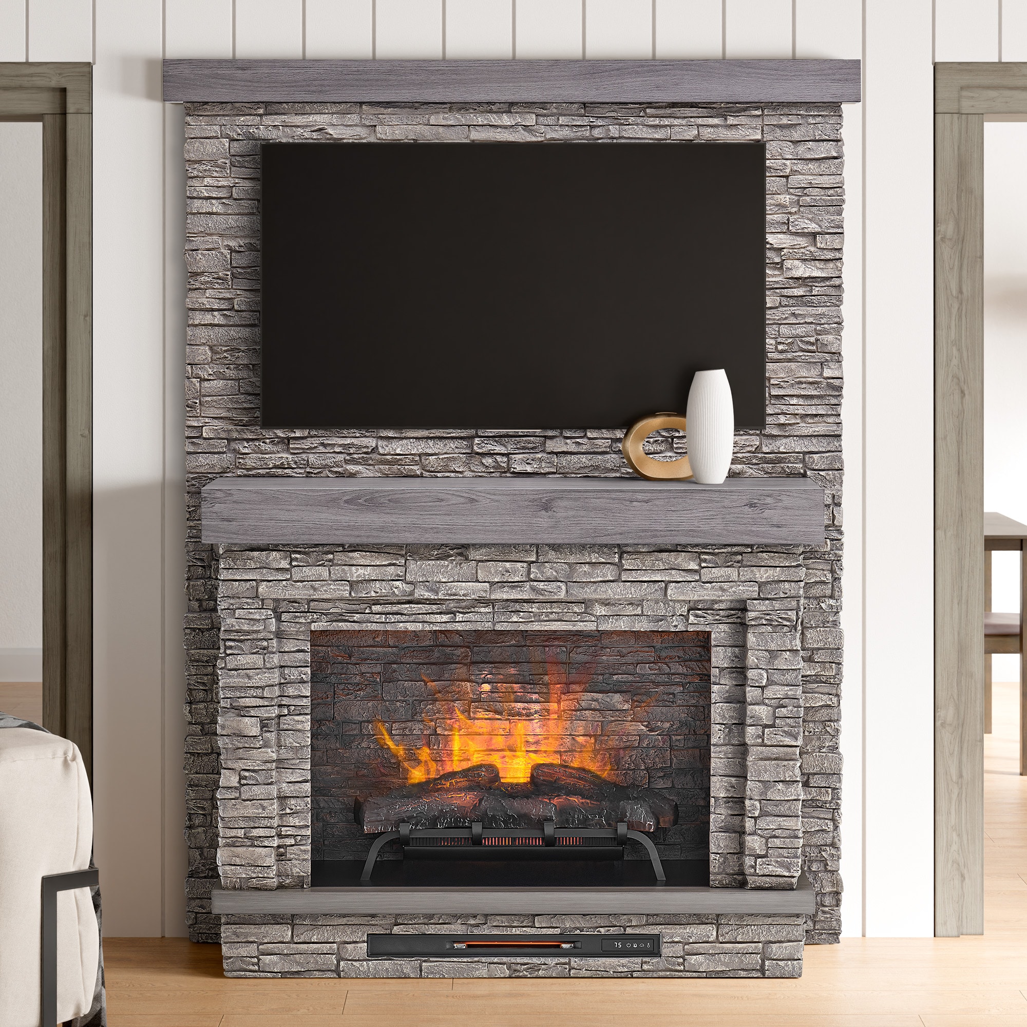 65-in W Grey Faux Stacked Stone Infrared Quartz Electric Fireplace in Gray | - allen + roth 2476FM-36-937