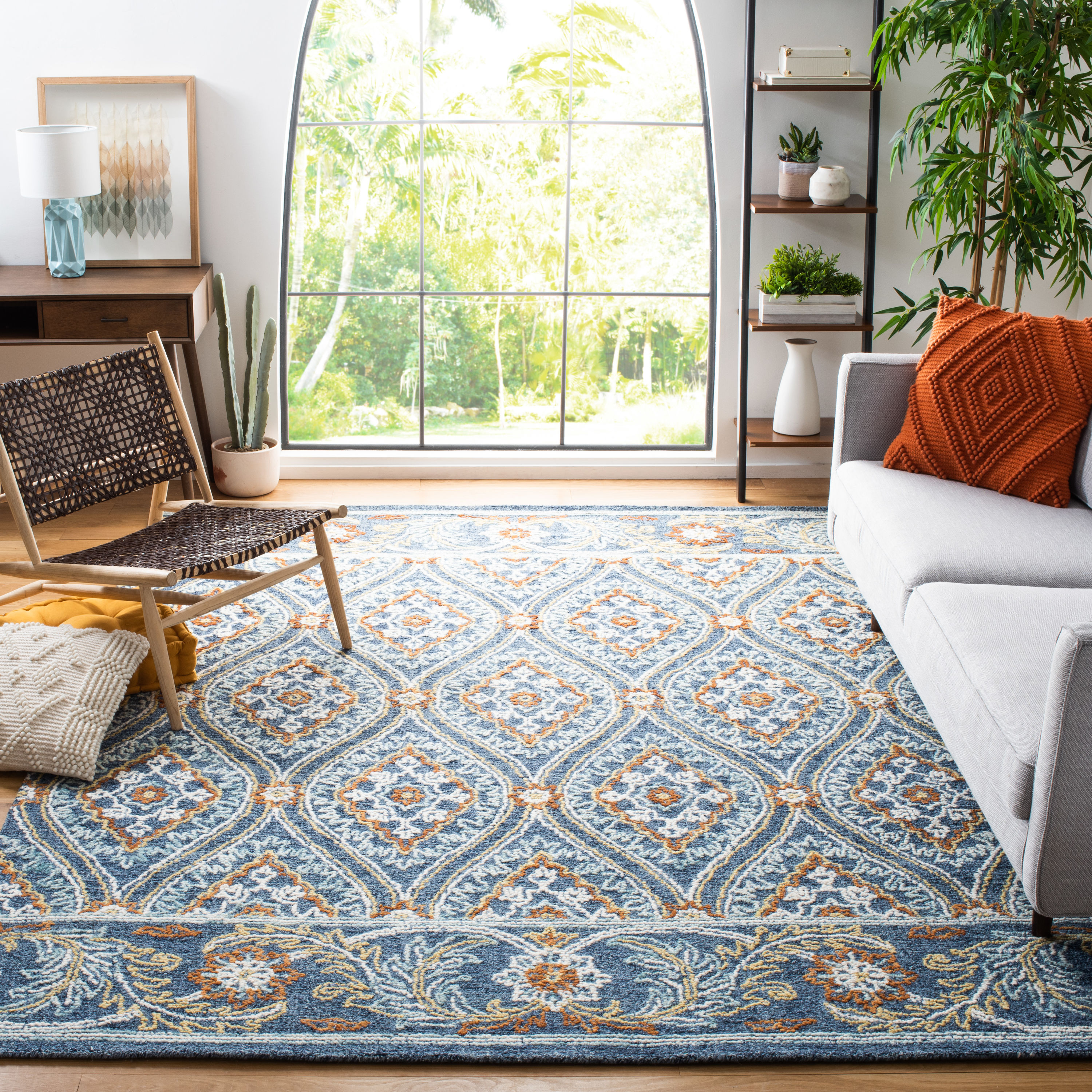 Handmade Floral Navy & Yellow Wool Area Rug 5' x 8'
