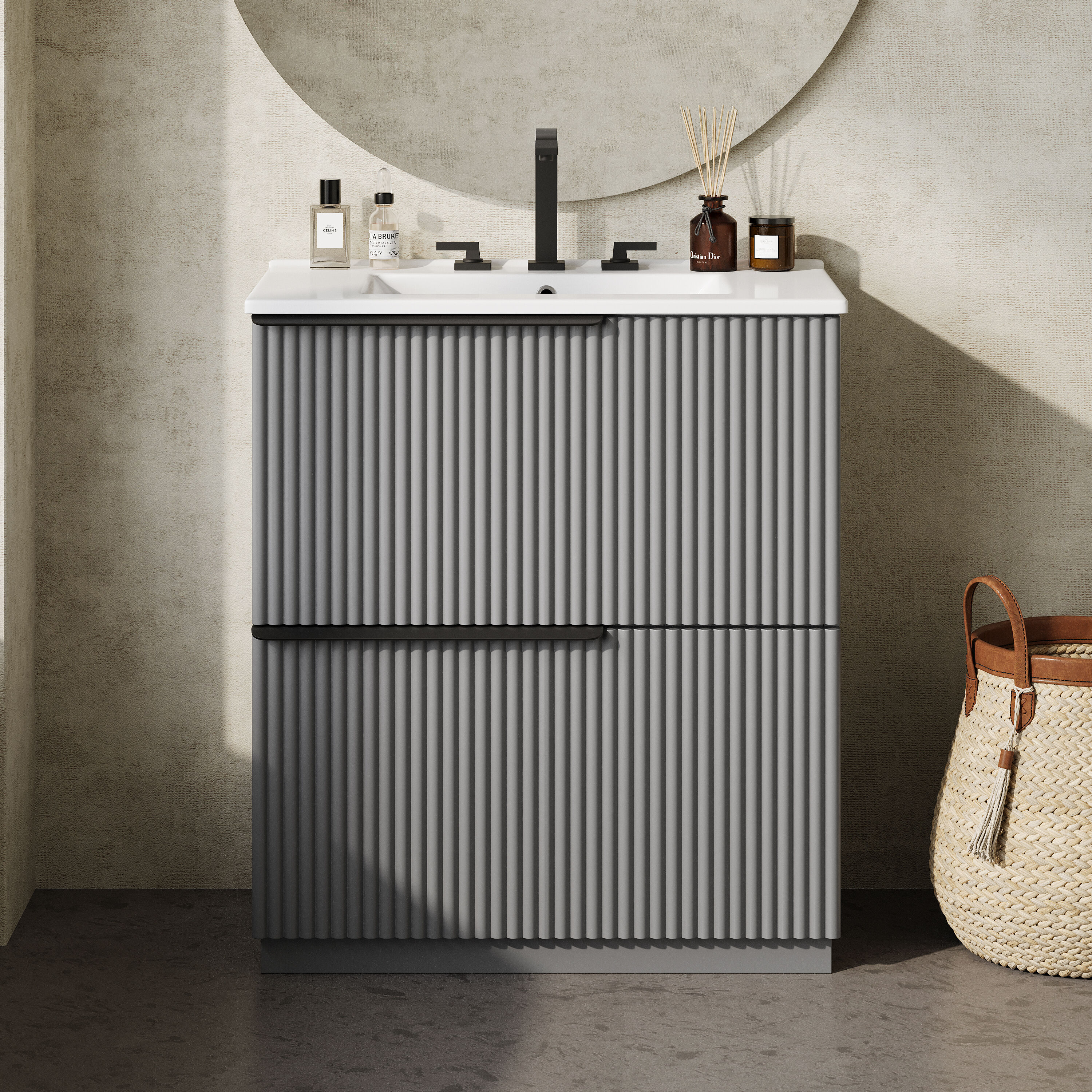 ModernLuxe Assembly Required 30inch Bathroom Vanity with Ceramic Sink and Full-Extension Drawers  Freestanding Bathroom Vanity with Soft Close Drawer Slides  Fluted Design  Gray