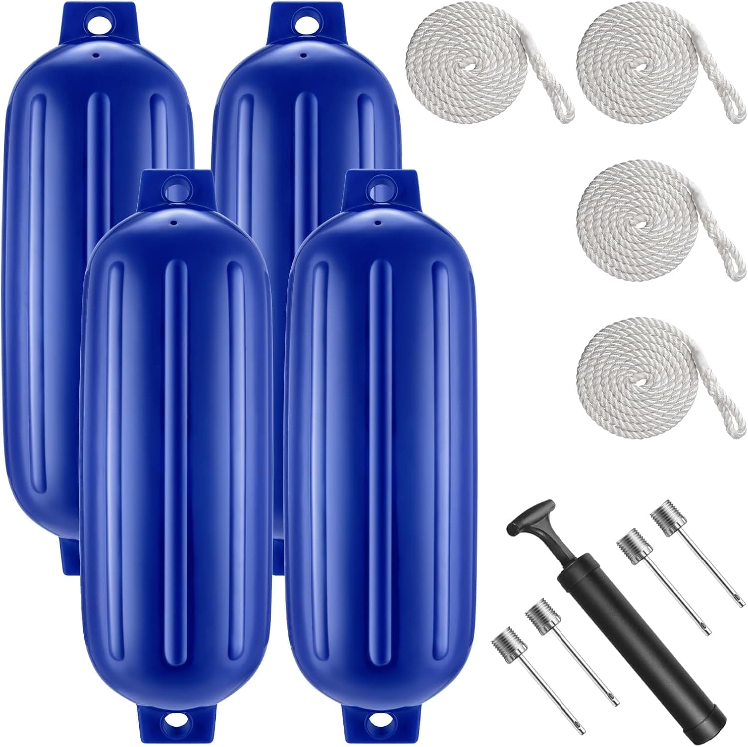 Etokfoks  8 5 x 27 Inches Twin Eyes Ribbed Boat Fenders 4 Pack Bumpers with Lines and Pump for Docking