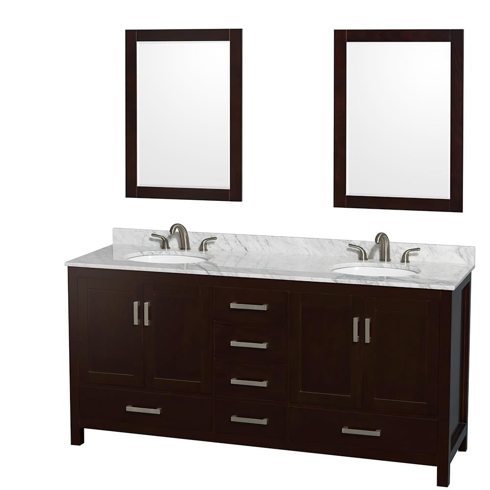 Wyndham Collection WCS141472DESCMUNOM24 Sheffield 72-in Espresso Undermount Double Sink Bathroom Vanity with White Carrara Natural Marble Top (Mirror Included)