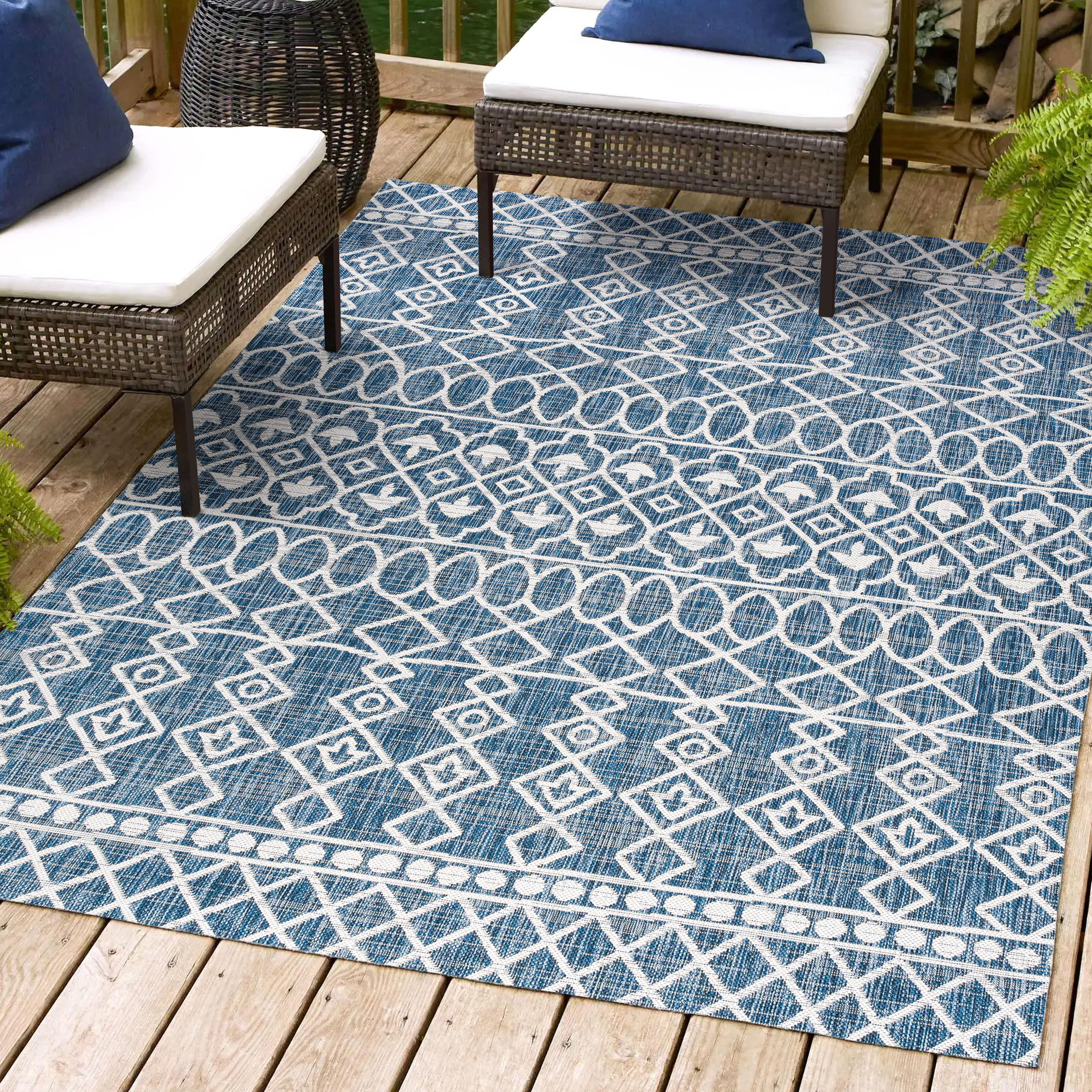 JONATHAN  Y SMB130D-8 Santa Monica Kafel Tribal 8 x 10 (ft) Loomed Polypropylene Blue/Ivory Rectangular Indoor/Outdoor Trellis Bohemian/Eclectic Area rug