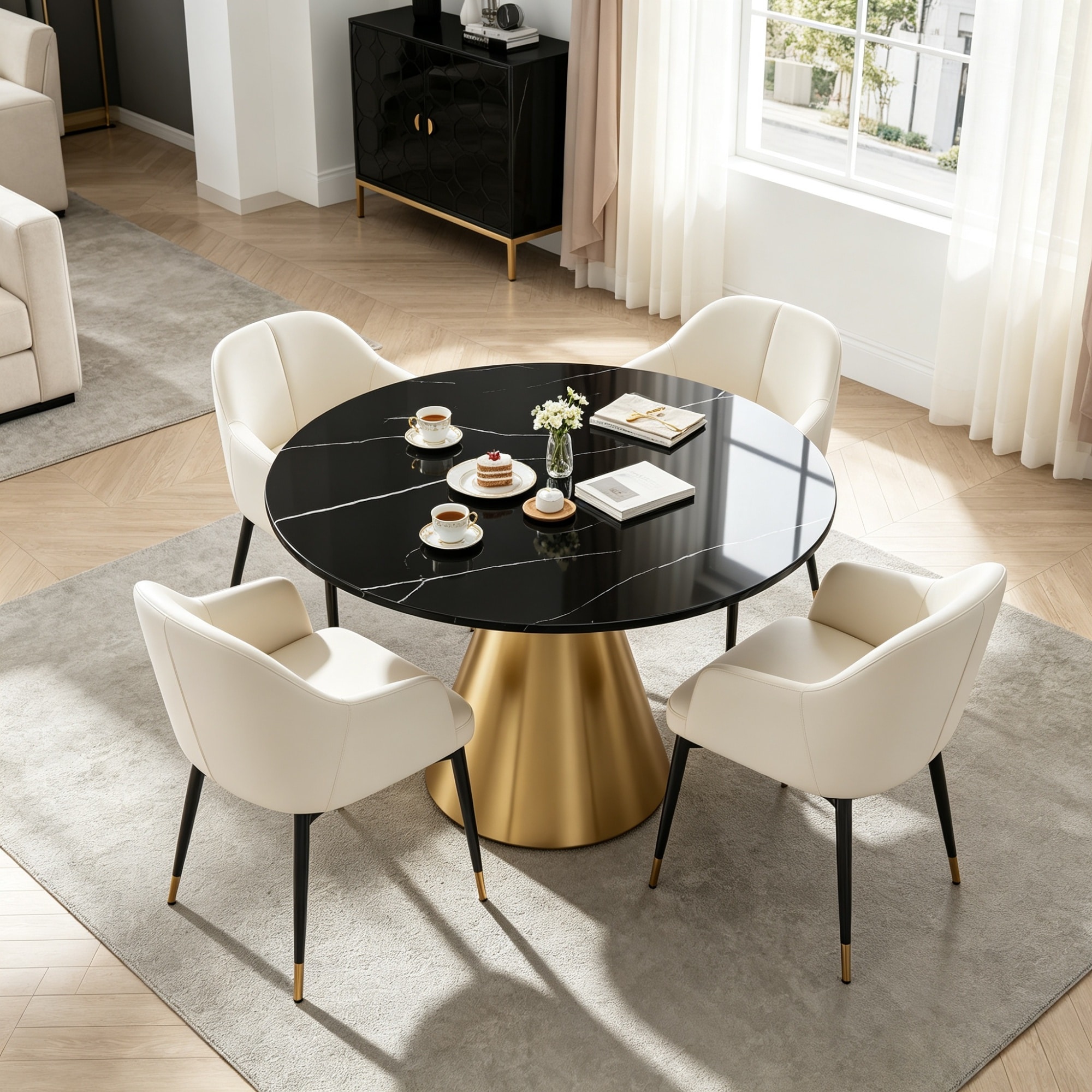Clihome - Marble Dining Round Table Black Round Contemporary/Modern Marble Dining Table, with Bla...