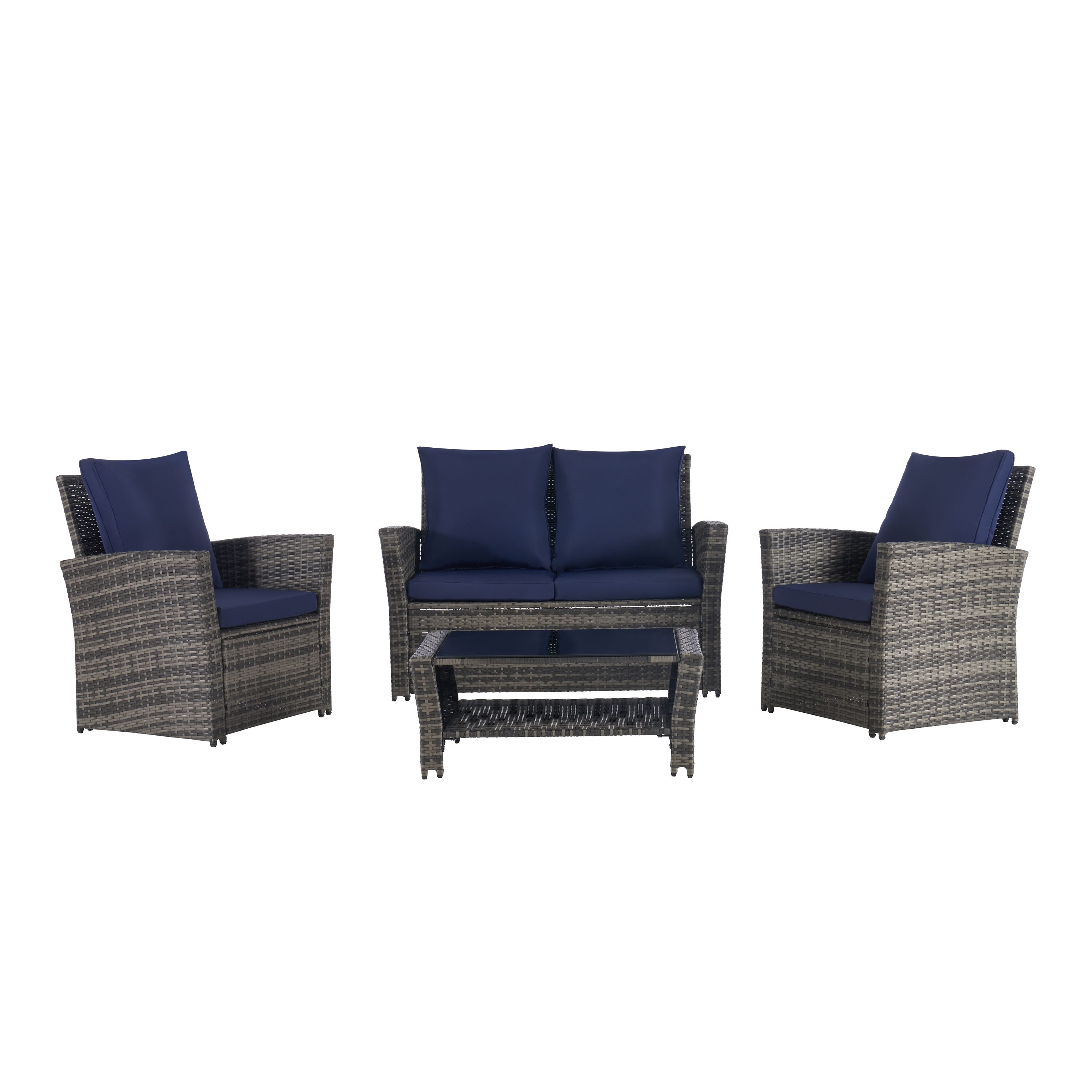 SANSTAR LRS-WS854NY Patio Conversation Sets 4 -Piece Wicker Patio Sofa Conversation Set with Blue Cushions