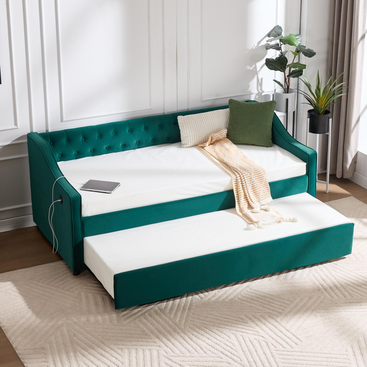Streamdale Furniture - Streamdale Twin Upholstered Daybed with Trundle USB Pockets Velvet Button ...