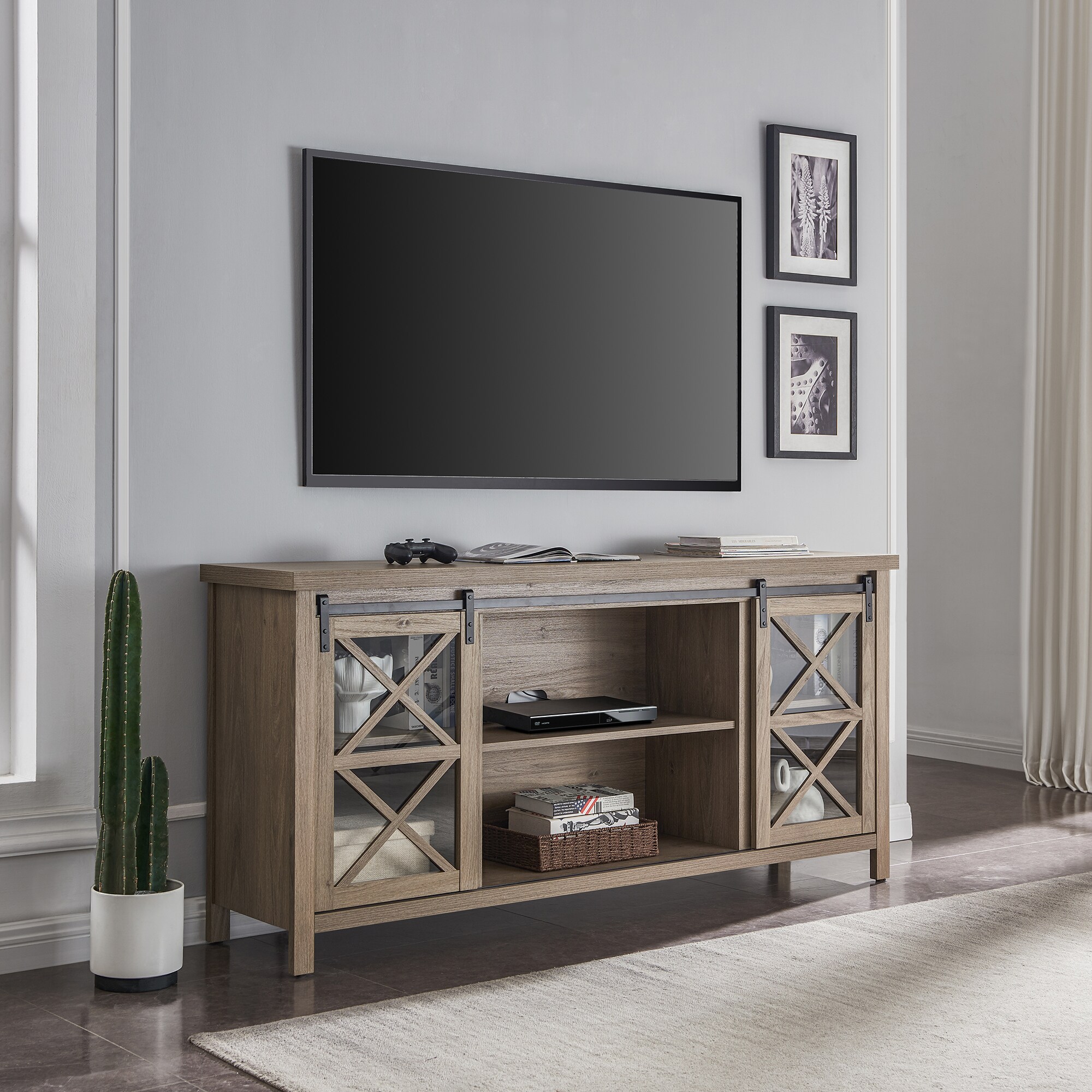 Hailey Home TV1391 Clementine Farmhouse/Rustic Antiqued Gray Oak TV stand ( Accommodates TVs more than 70-in )