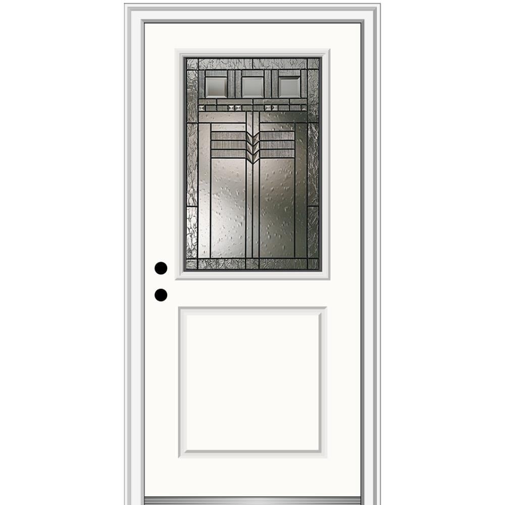 MMI DOOR ZZ3664038R 36-in x 80-in x 4-9/16-in Fiberglass Half lite Right-hand inswing Alabaster Painted Prehung Front Door with Brickmould Insulating core