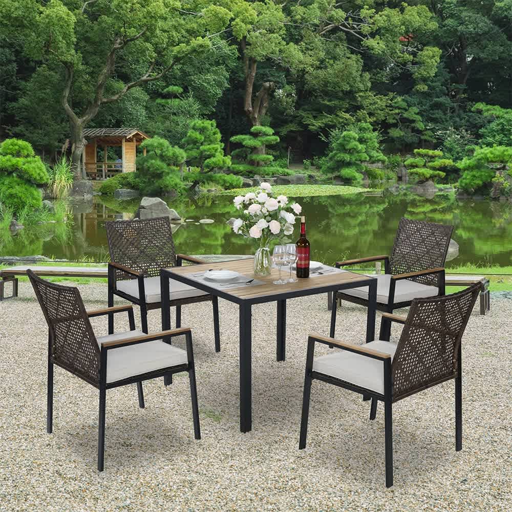 JUJABU Coffee Brown All Weather 5Piece Patio Dining Table Sets Acacia