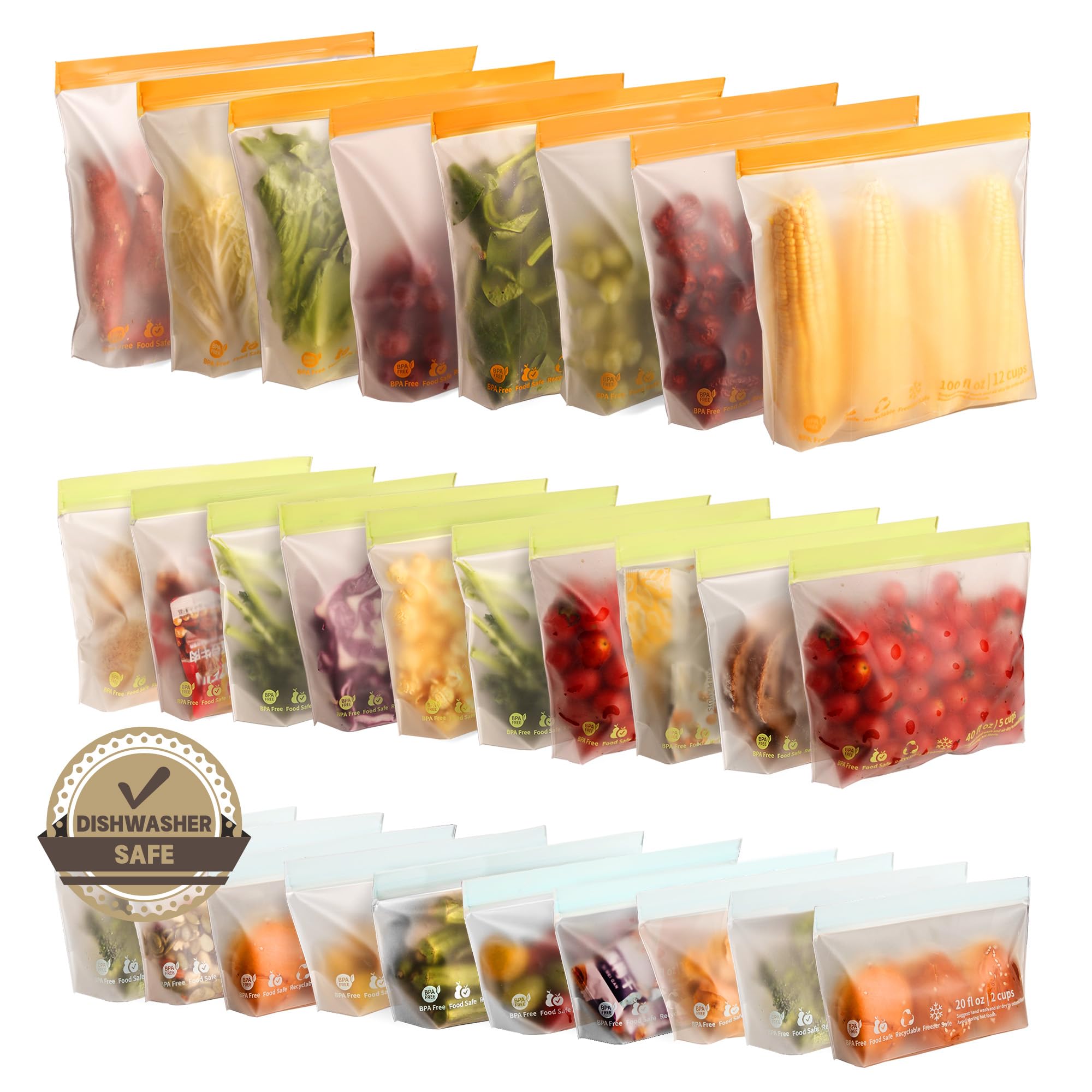 KIWDZFU  28 pack reusable food storage bags BPA free leakproof freezer safe stand up sandwich snack gallon bags dishwasher safe easy clean for