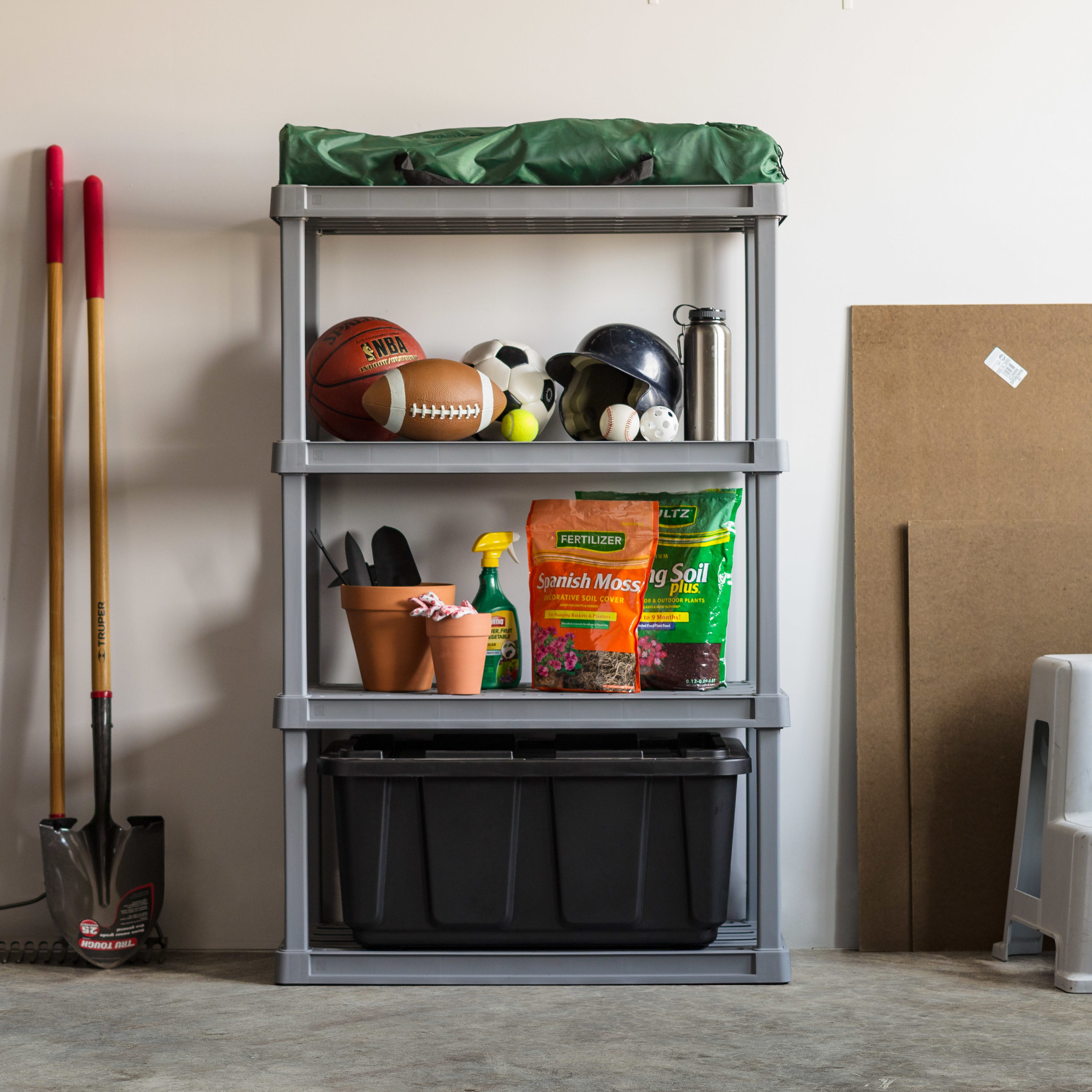 IRIS USA 4 Tier Wide Plastic Garage Shelving Unit Storage Outdoor Indoor