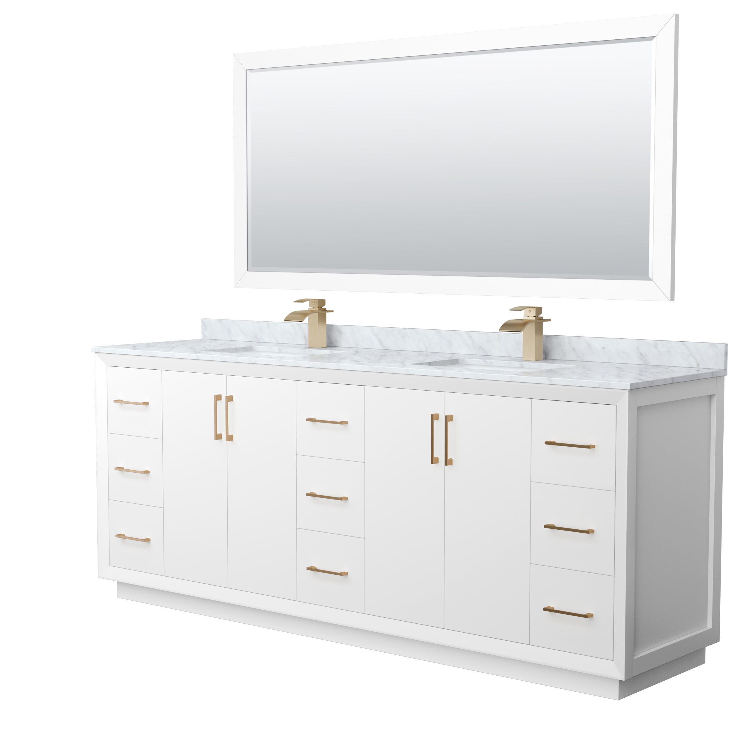 Wyndham Collection WCF414184DWZCMUNSM70 Strada 84-in White with Satin Bronze Trim Undermount Double sink Bathroom Vanity with White Carrara marble Natural marble Top (Mirror Included)