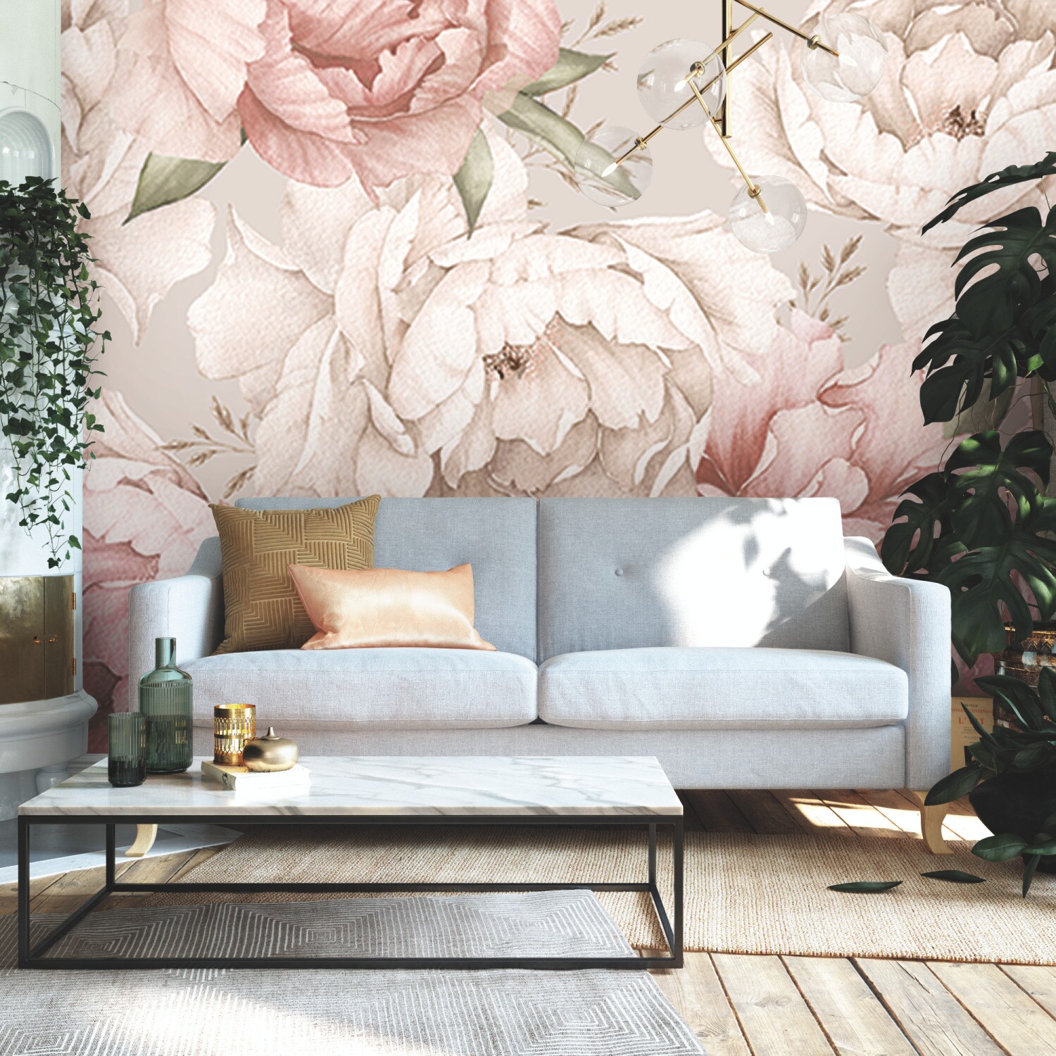 Pink and Cream Floral Peel and Stick Wallpaper Mural