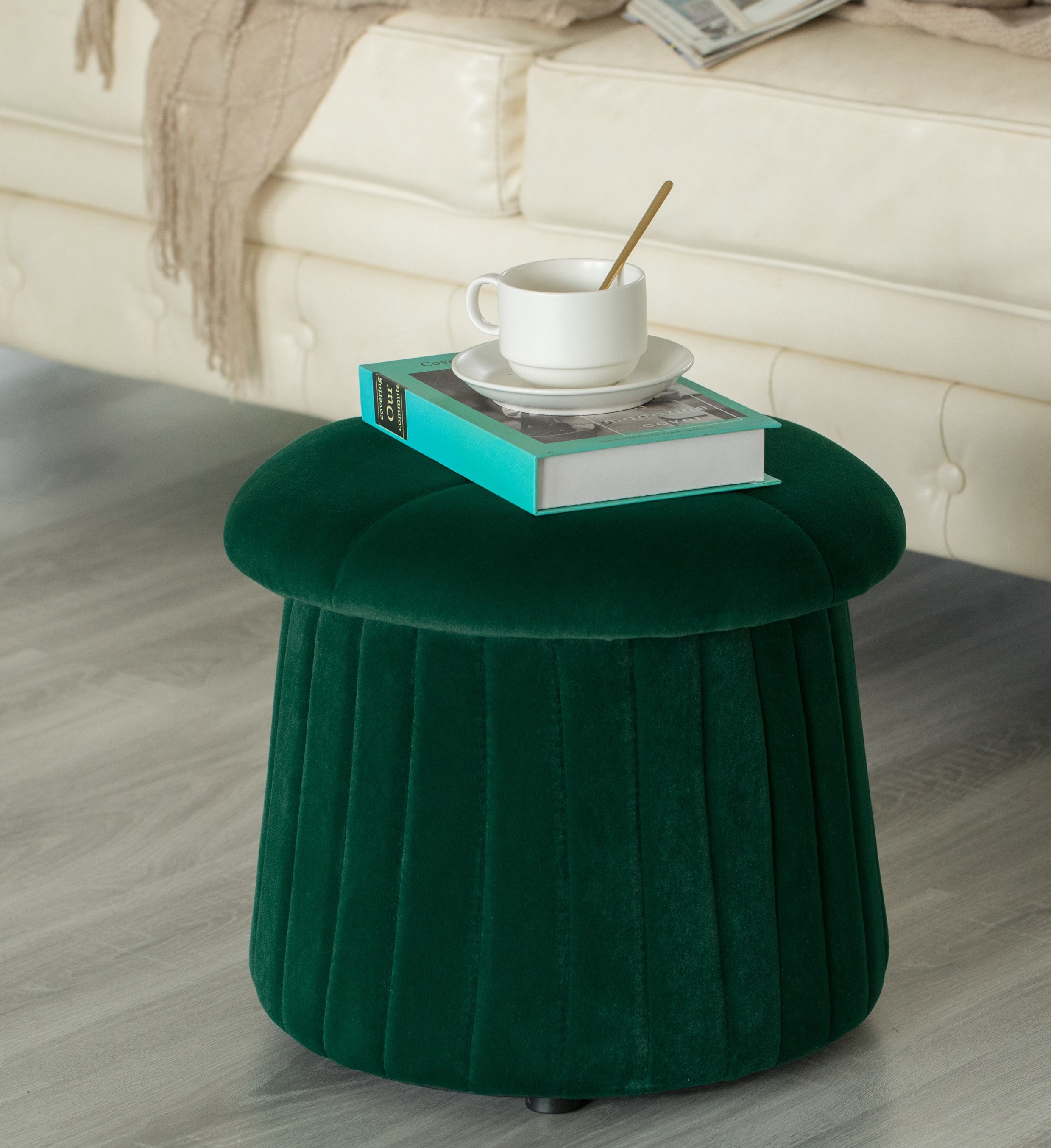 Modern Green Velvet Tufted Round Footstool with Storage