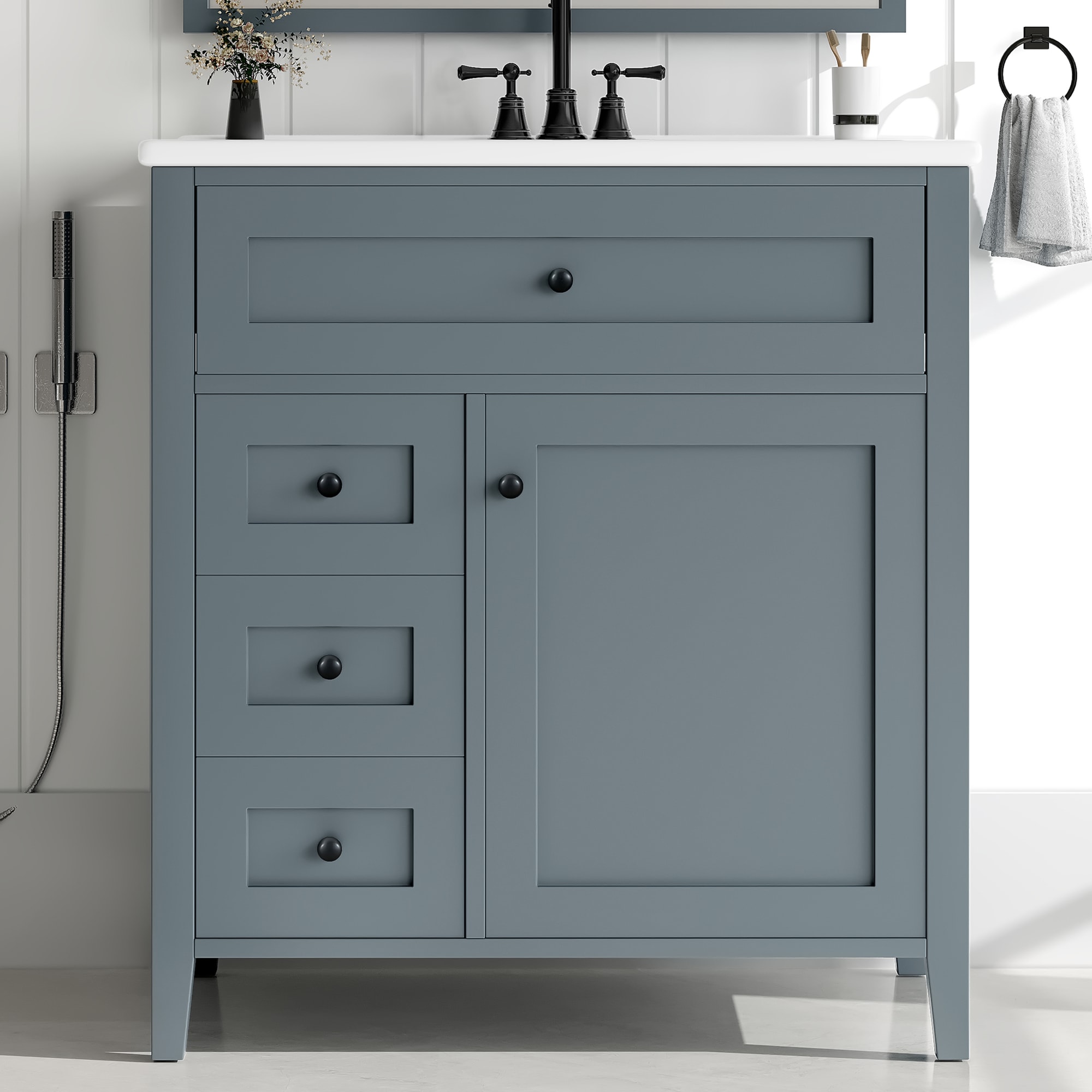 Homy Casa 30-in W Blue Gray Bathroom Vanity with Soft Close Drawers Adjustable Shelves and Freestanding Design