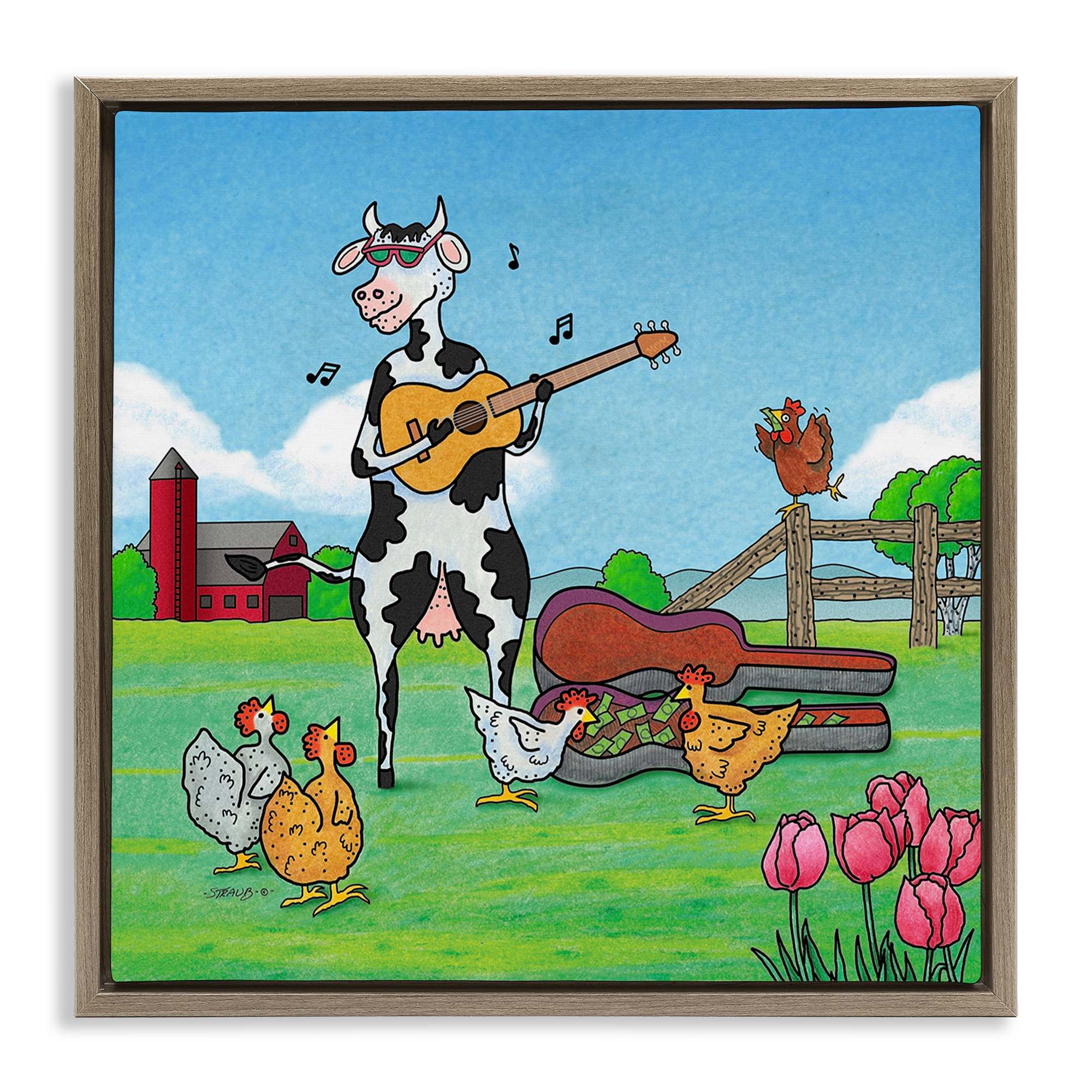 Stupell Industries BT-028-FFE-17X17 Busking Cow with Audience Floating Frame design by Roger Straub