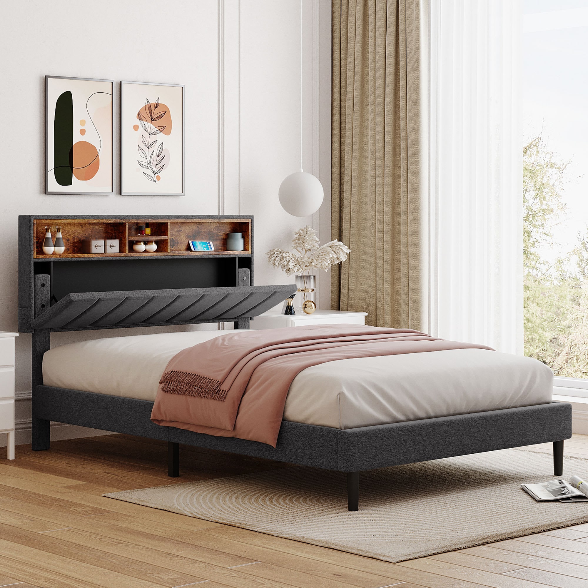 CIPACHO HCSE2505233481 Full size Upholstered Platform Bed with Storage Headboard and USB Port   Linen Fabric Upholstered Bed  Gray