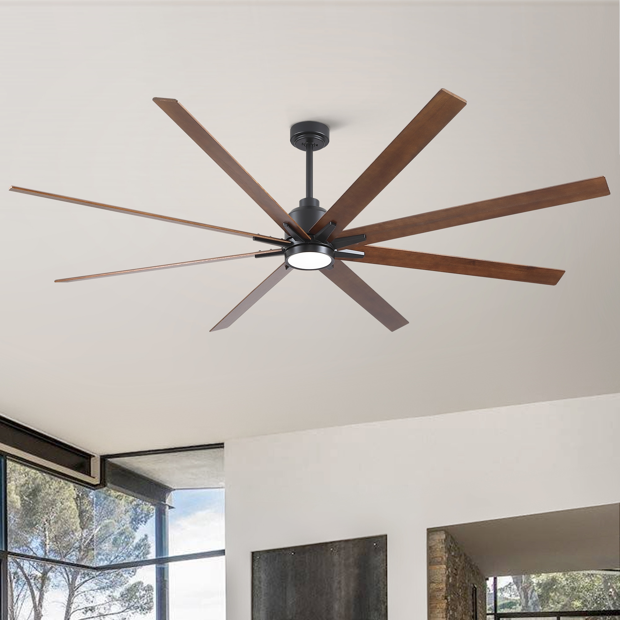 Flynama L-346AAA 84-in Integrated LED Matte Black with Solid Wood Blades Ceiling Fan With Light 8 -Blade )