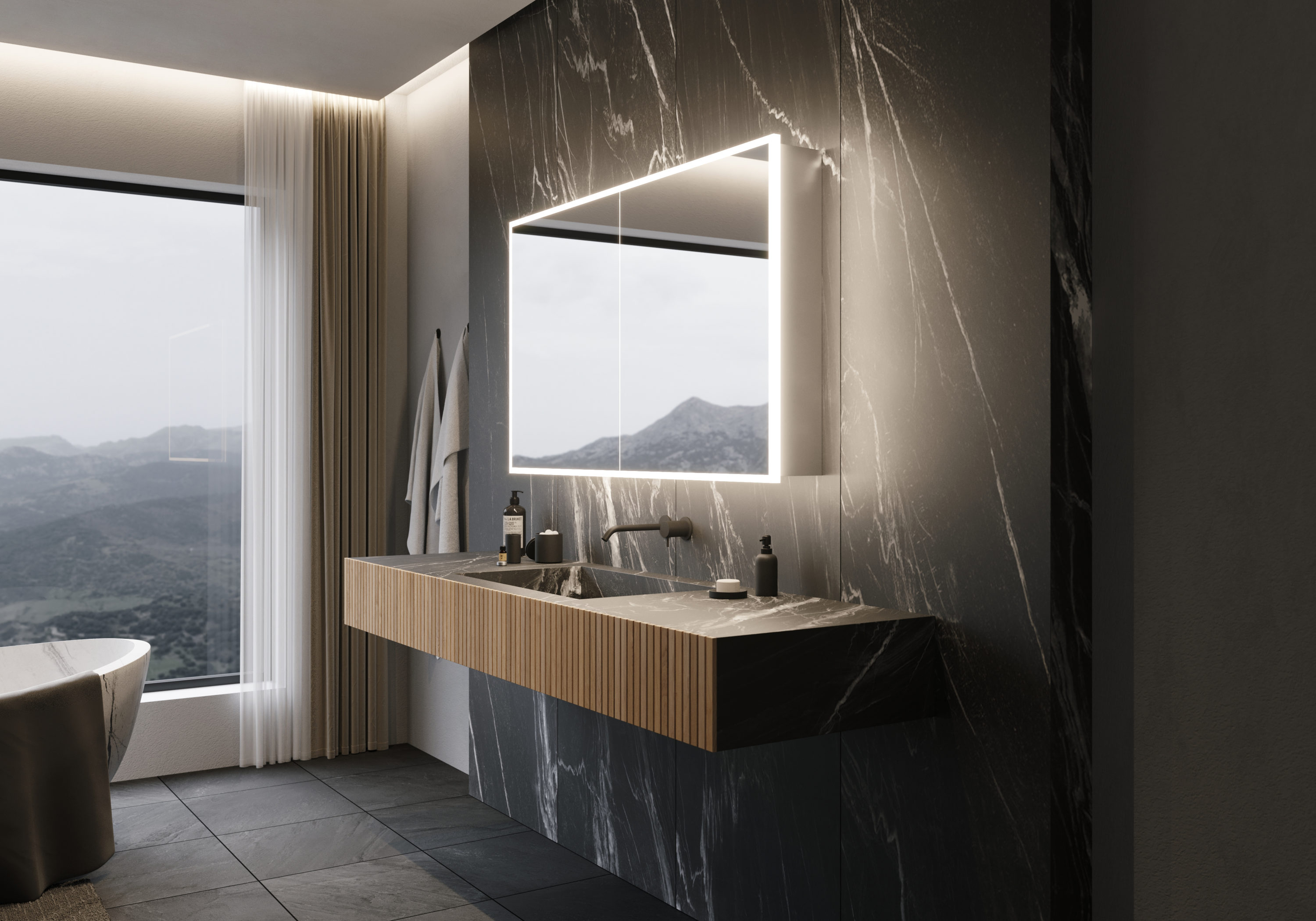 PARIS MIRROR Galaxy Cabinet 48-in x 8-in Lighted LED Surface Mount 3000K Mirrored Soft Close Medicine Cabinet