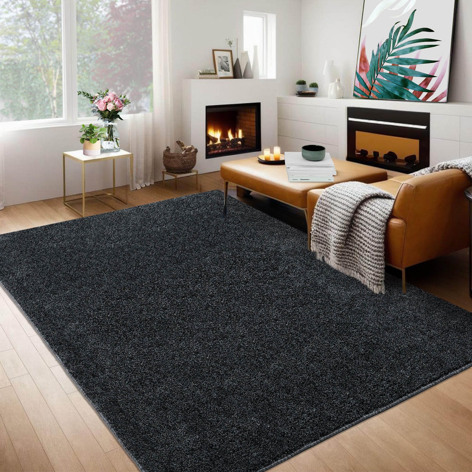 Garvee YXY-LO-PHO-0XUIF2M2 8 x 10 (ft) Loomed Polyester Black Rectangular Indoor Solid Mid-Century Modern Machine washable Area rug