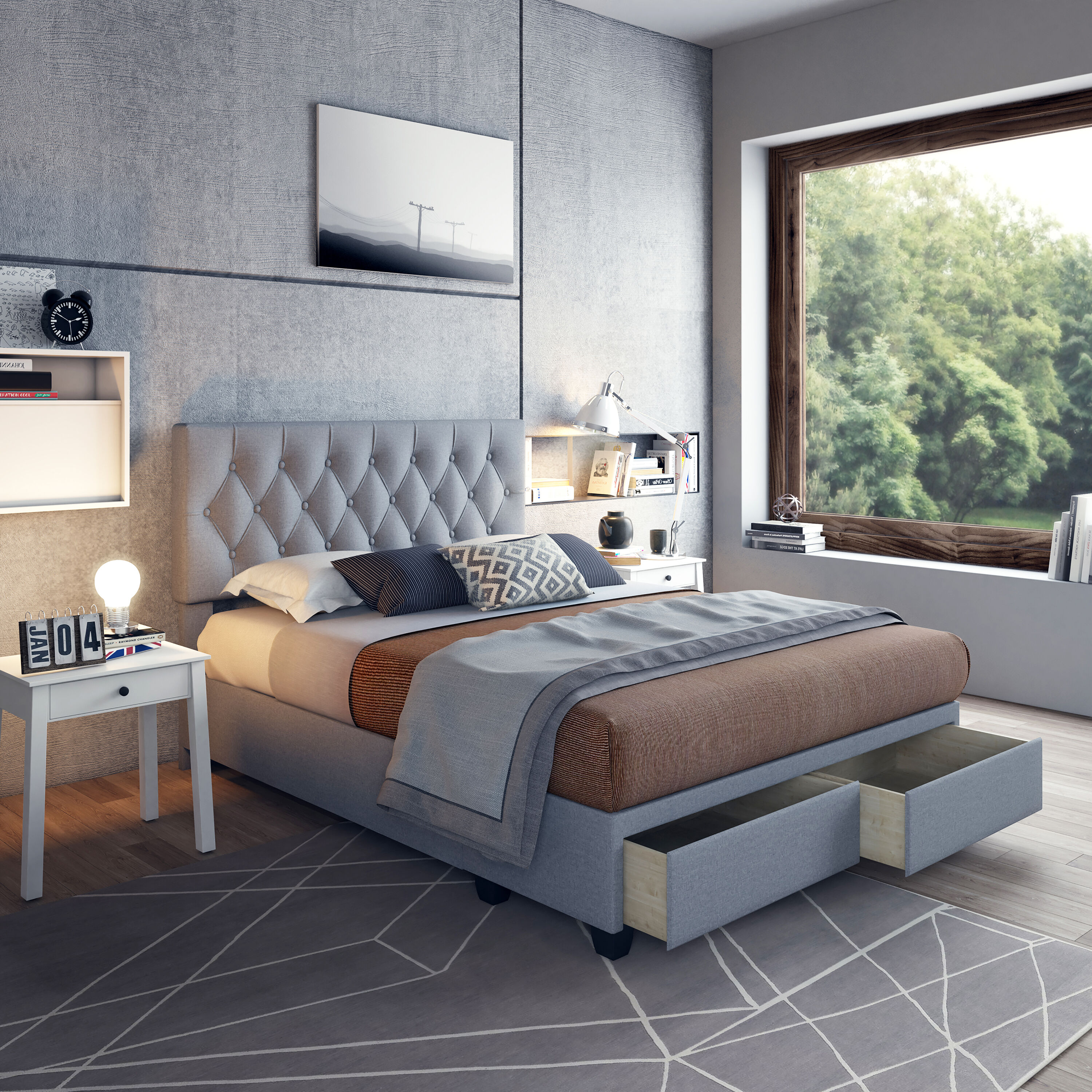 Anne Collection Grey Tufted Upholstered Queen Bed with Storage