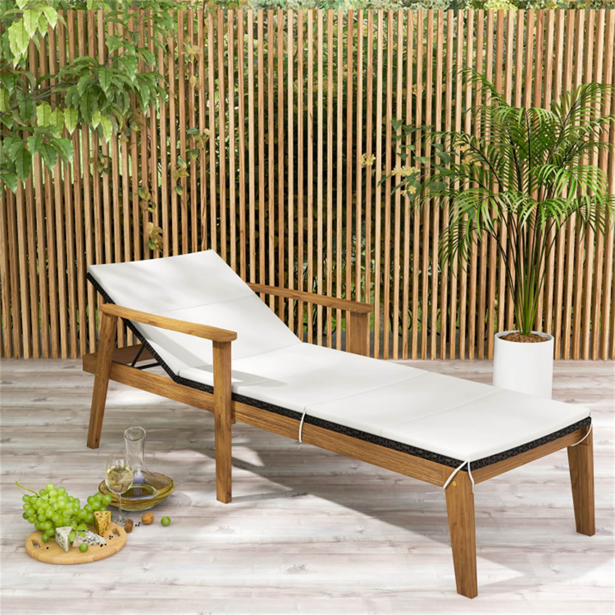 BABOOM BOM-72138-1-CO Outdoor Chair Rattan Mix Brown Wood Frame Stationary Chaise Lounge Chair with Off-white Polyester Cushioned Seat