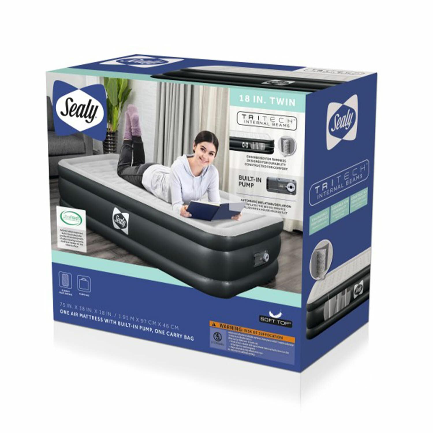 Sealy Twin Size Double High Air Mattress with Internal Pump, Gray