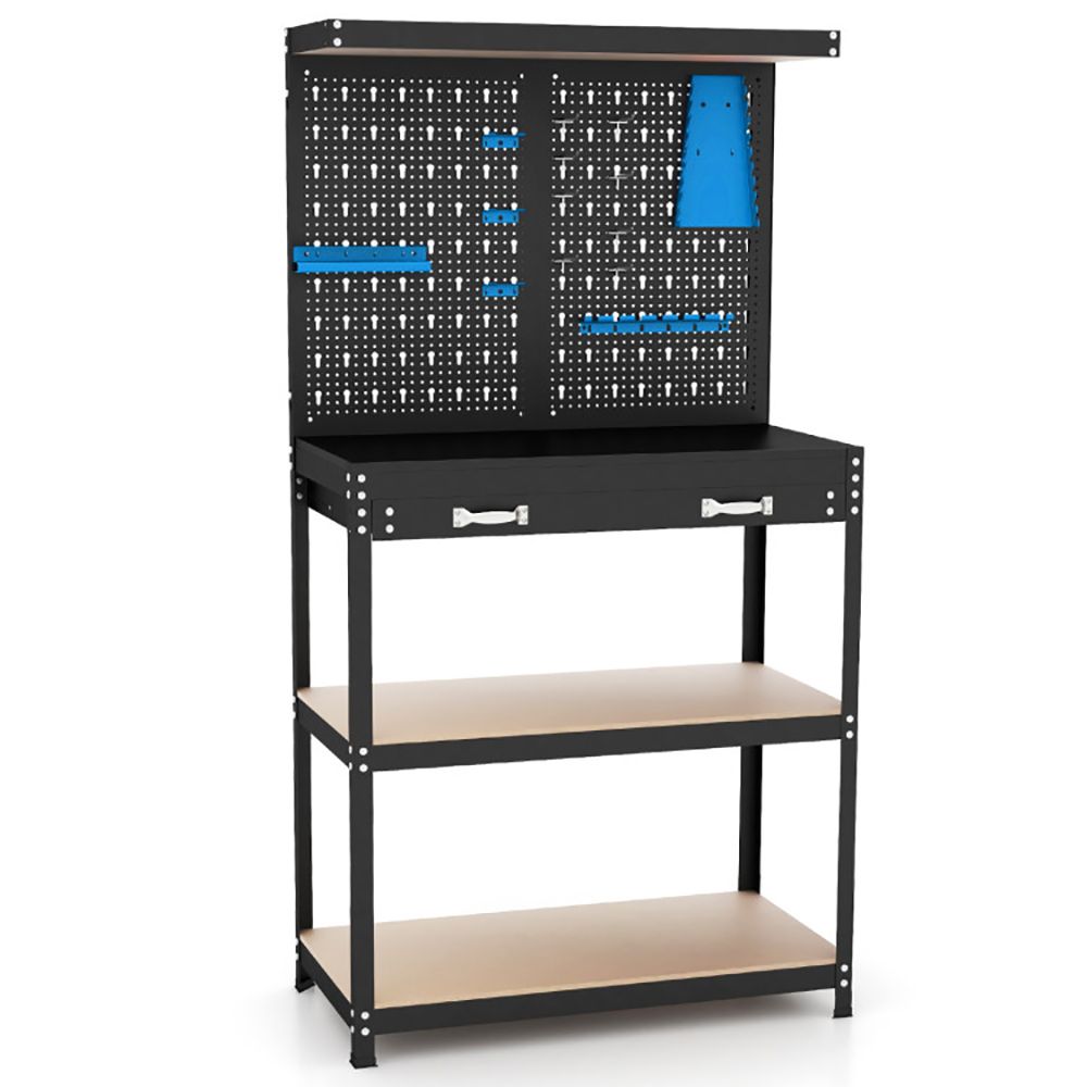 JUSHUA Tool Storage Workbench with Pegboard and 14 Hanging Accessories for Garage