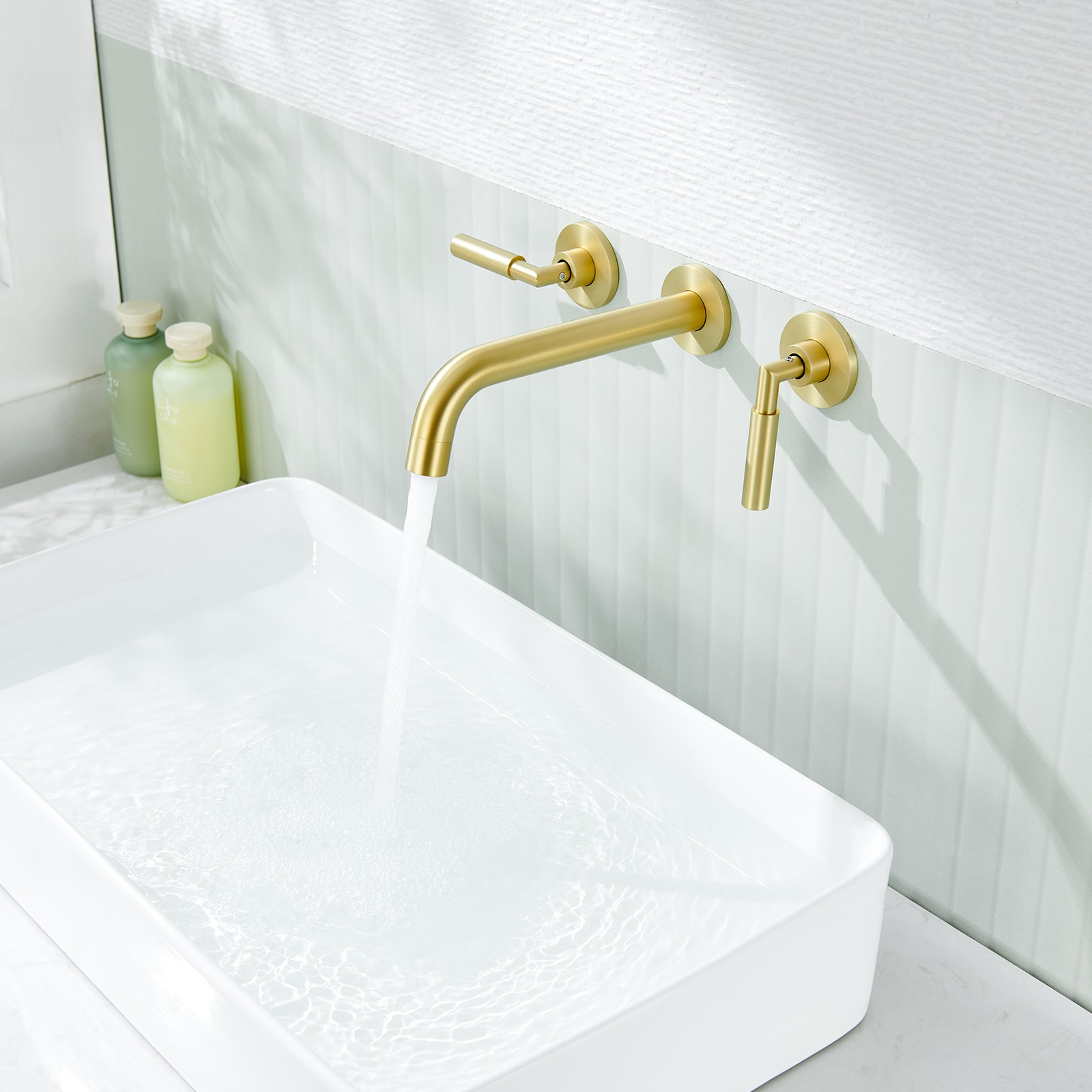 Brushed Gold Wall-Mounted Dual Handle Bathroom Faucet