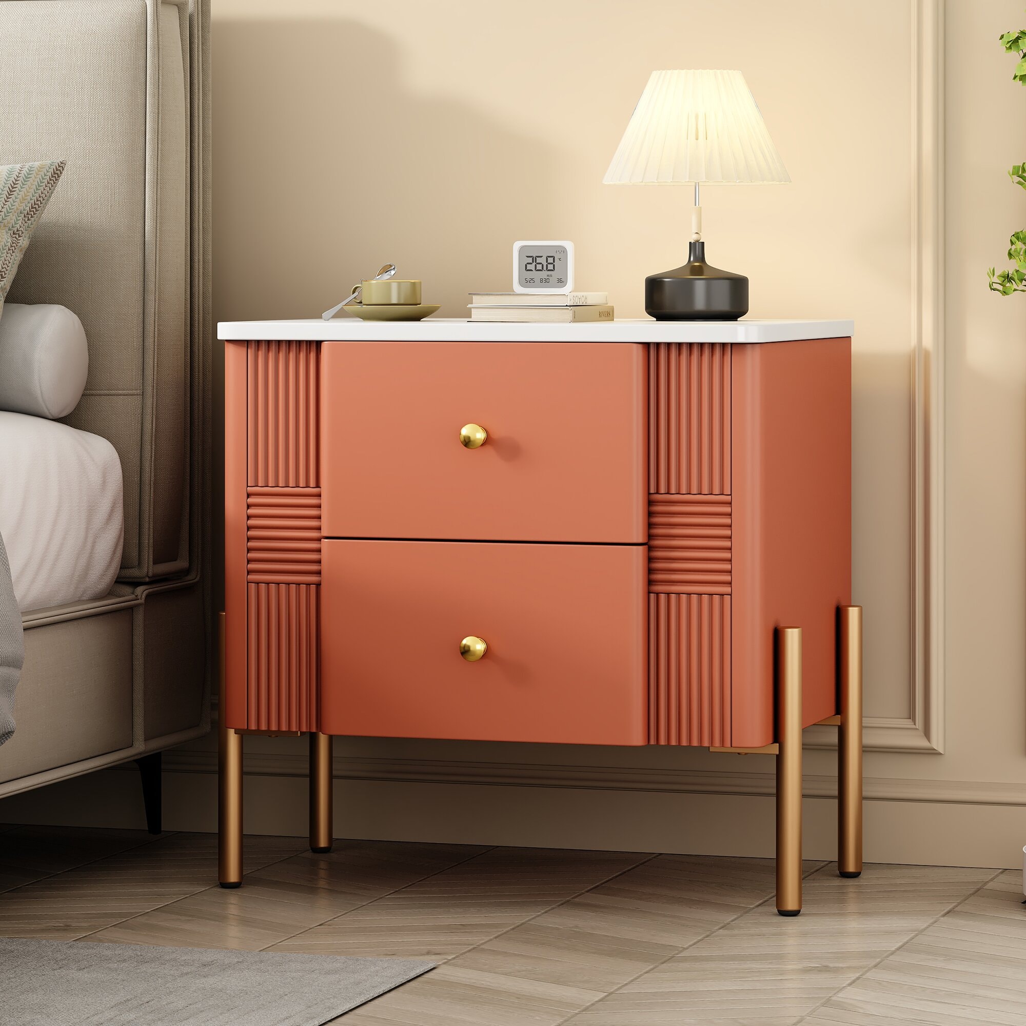 ModernLuxe Modern Nightstand with 2 Storage Drawer Fluted Bedside Table with Golden Metal Handles and Legs End Table for Living Room and Bedroom Easy Assembly Orange