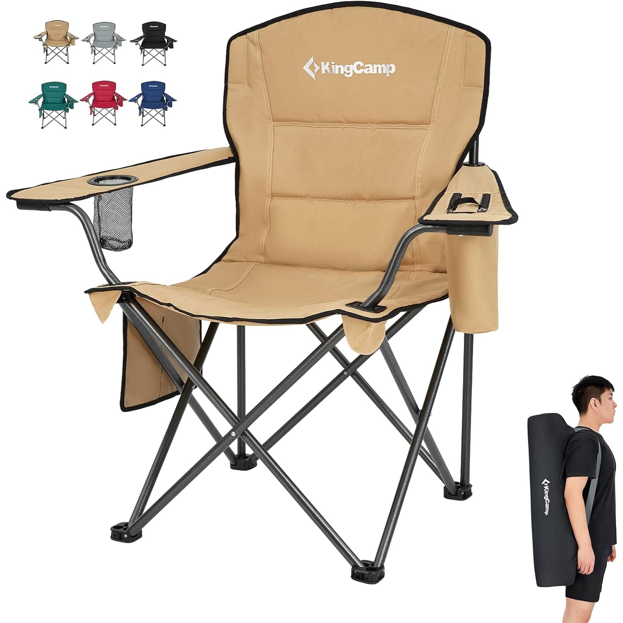 Khaki Padded Folding Camping Chair with Cupholder and Cooler