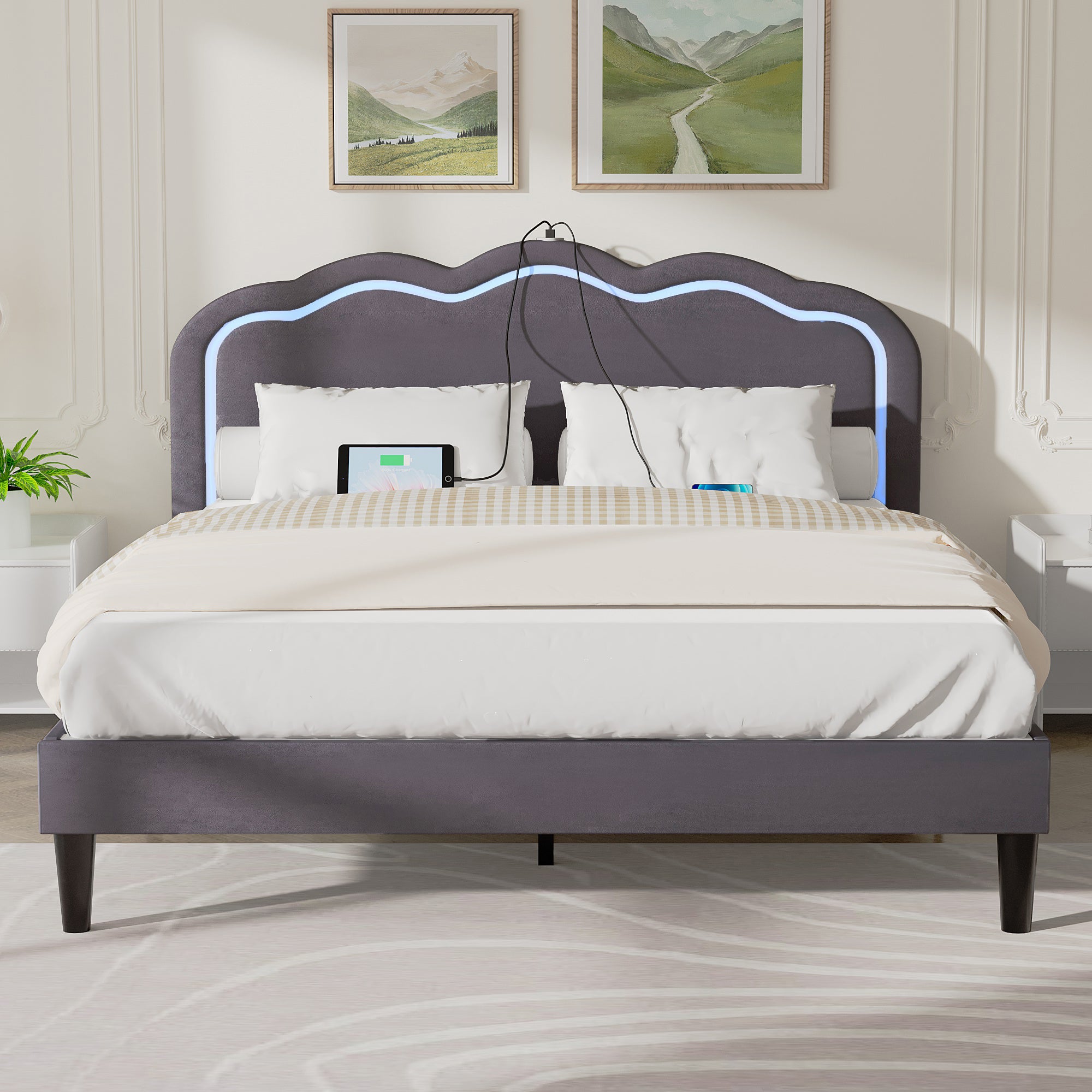 Vecelo LOE-QB10-GRY LED Upholstered Queen Bed Frame with Headboard Adjustable USB and Type C Noise Free Dark Gray