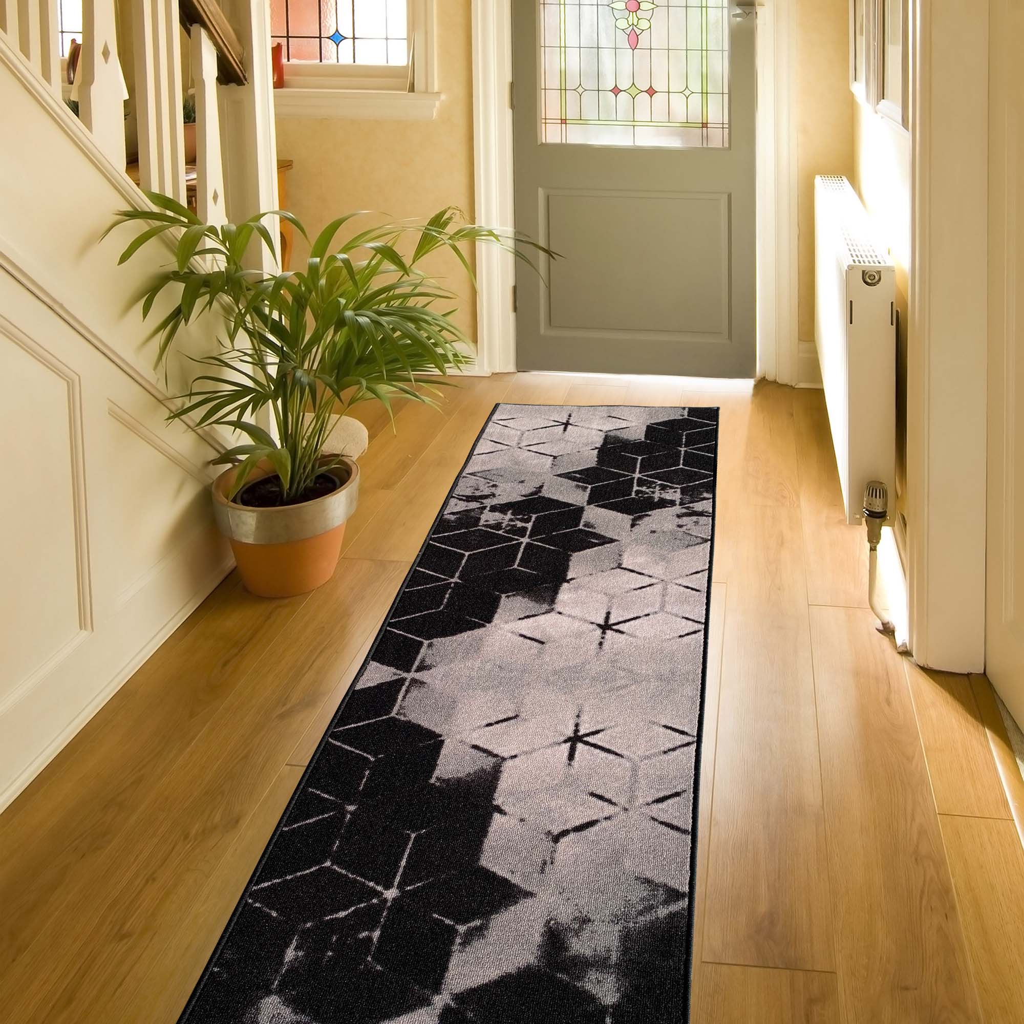 Playa Rug CUBESBLACK-26X32 2 x 32 (ft) Knotted Polyester Cubes Abstract-Black Rectangular Indoor Abstract Runner rug