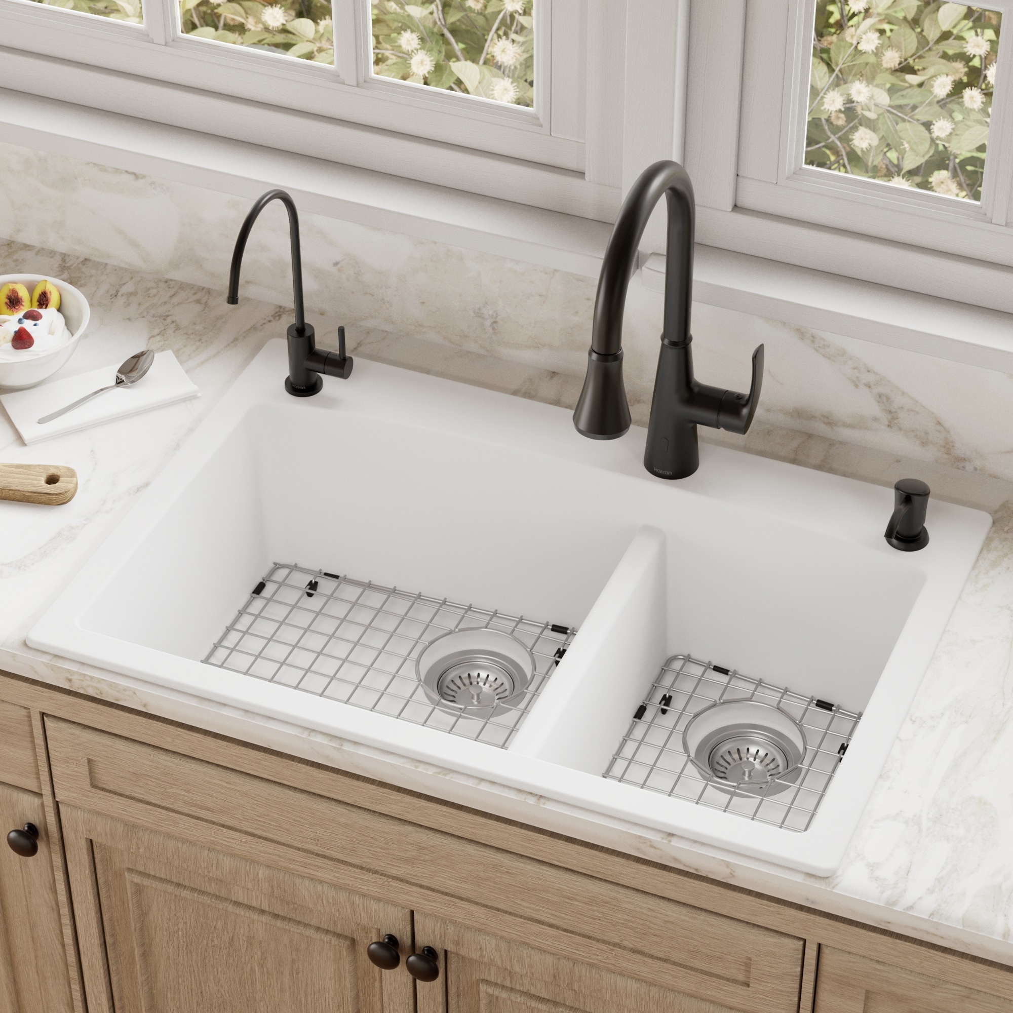Karran Drop-in or undermount 33-in x 22-in Quartz Double offset bowl Kitchen Sink