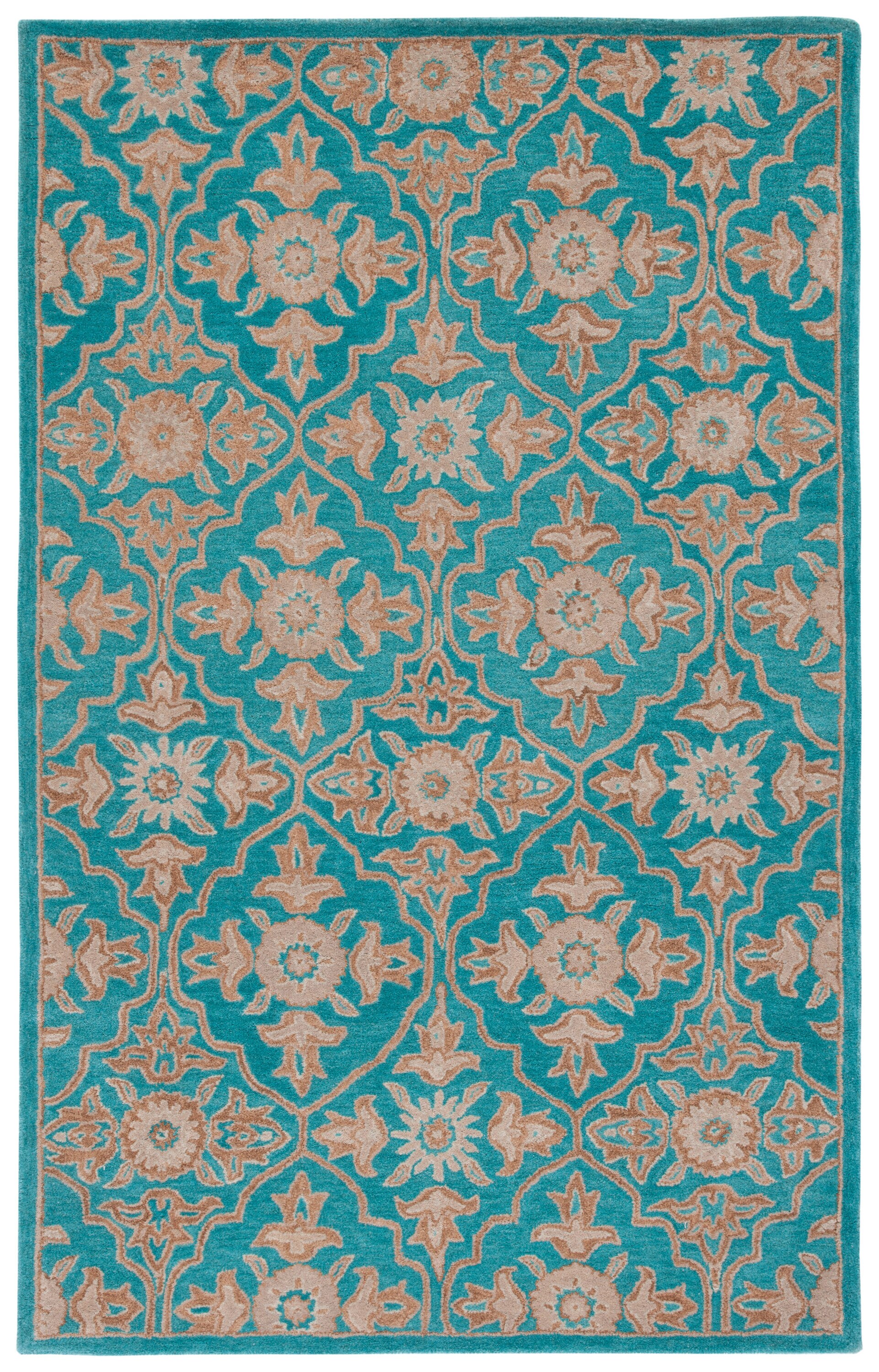 Turquoise and Beige Hand-Tufted Wool 4' x 6' Area Rug