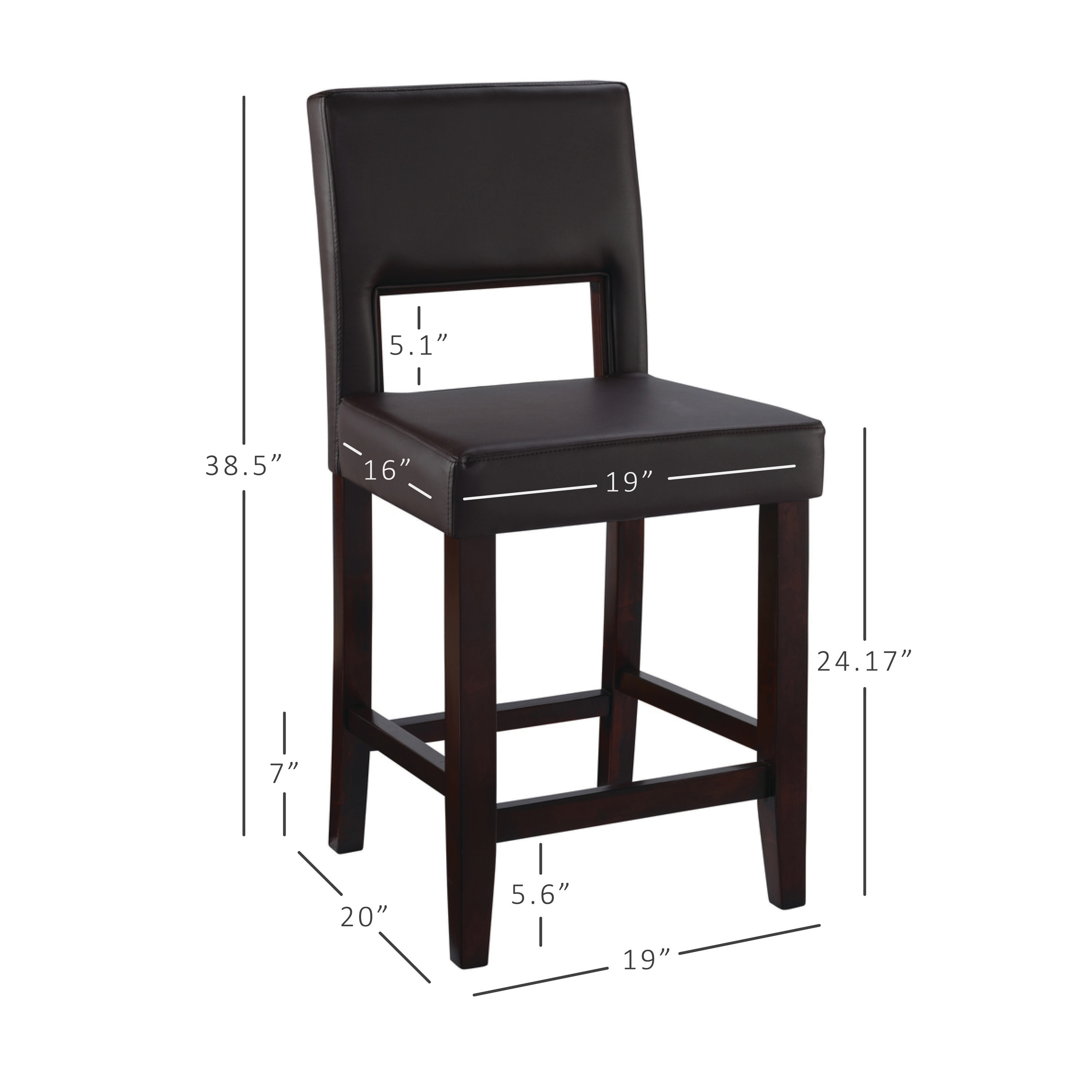 Dark Brown Wood and Leather Counter Stool, 24"