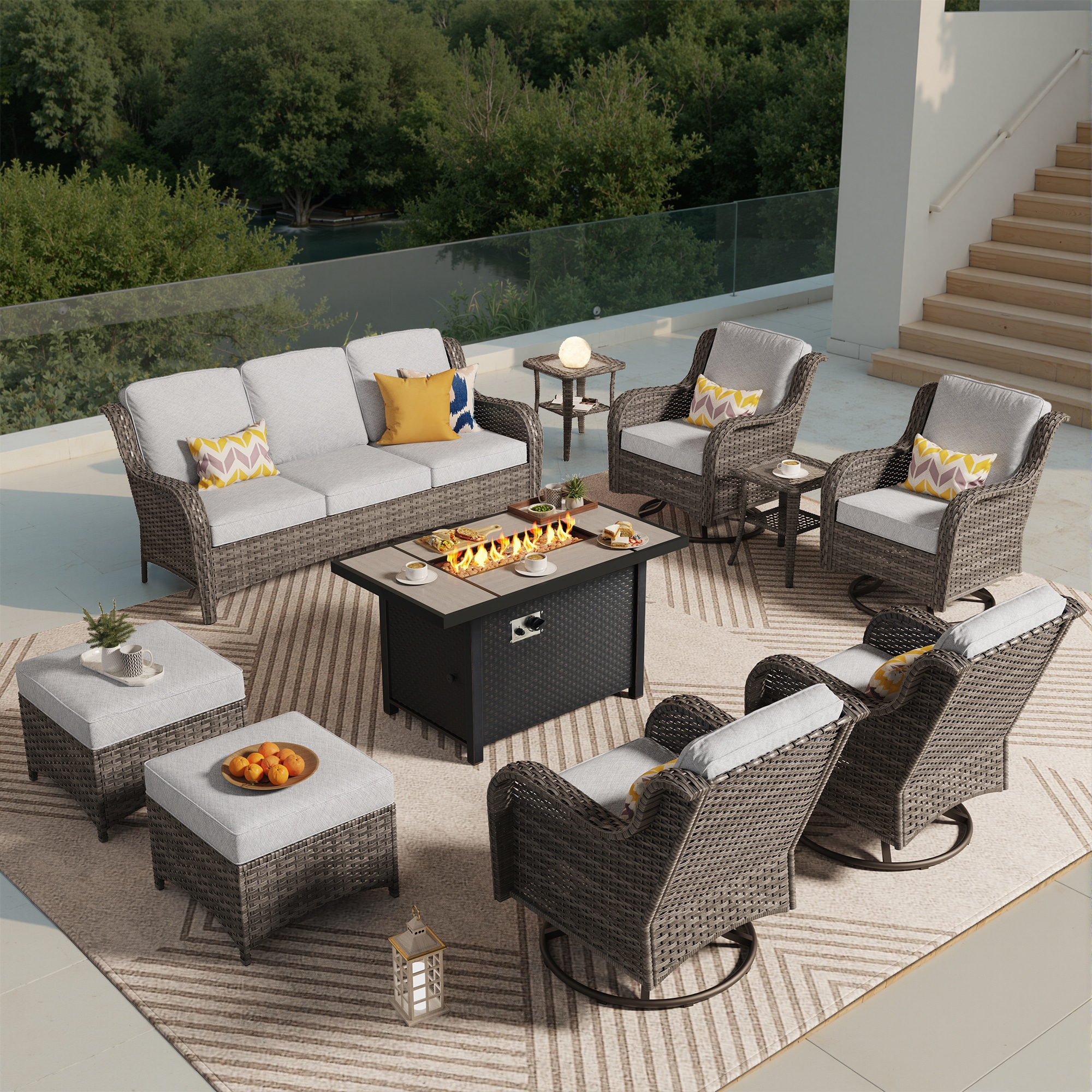 Pouuin SCFPYZGNTC4-9 10 -Piece Wicker Patio Sofa Conversation Set with Gray Cushions
