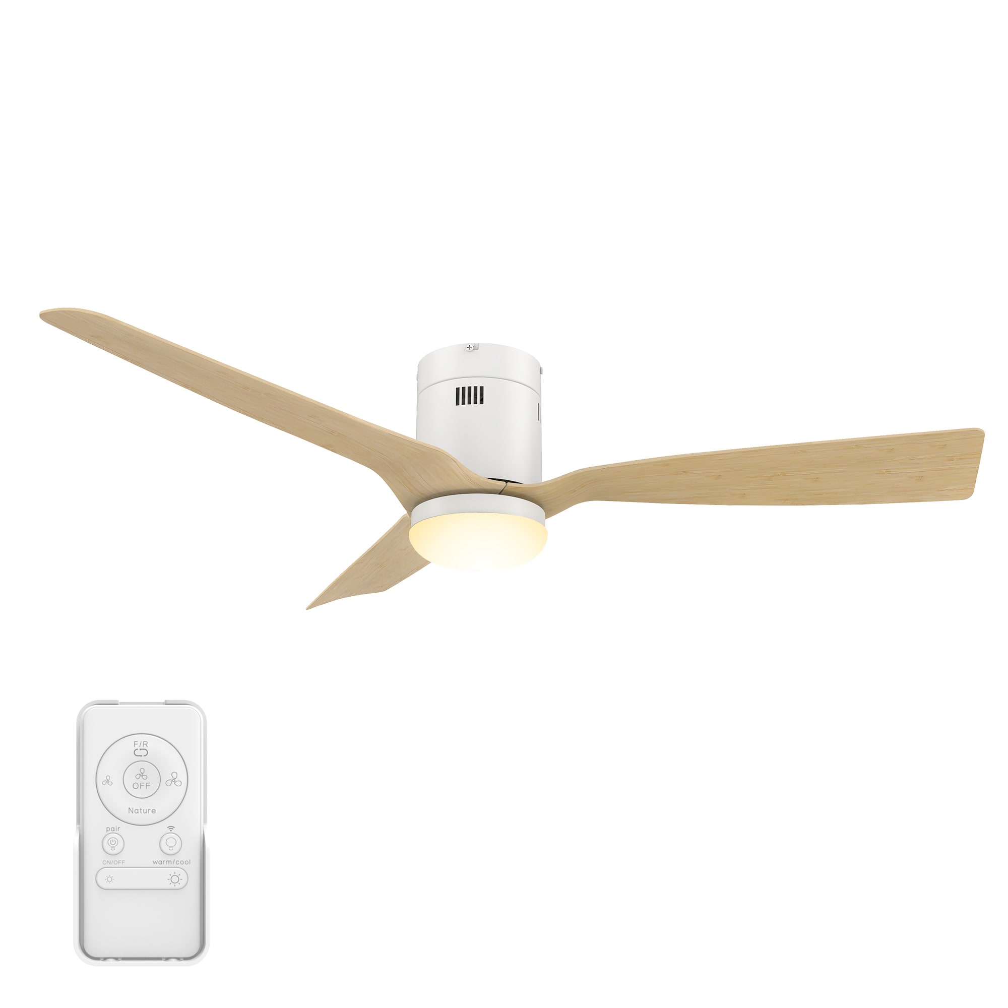 CARRO USA Striver 52-in White with Bamboo Wood Blades Indoor/Outdoor Flush Mount Smart Ceiling Fan with Light and Remote (3-Blade) LS523P-L22-WQ-1-FM Sansujyuku sansujyuku.com